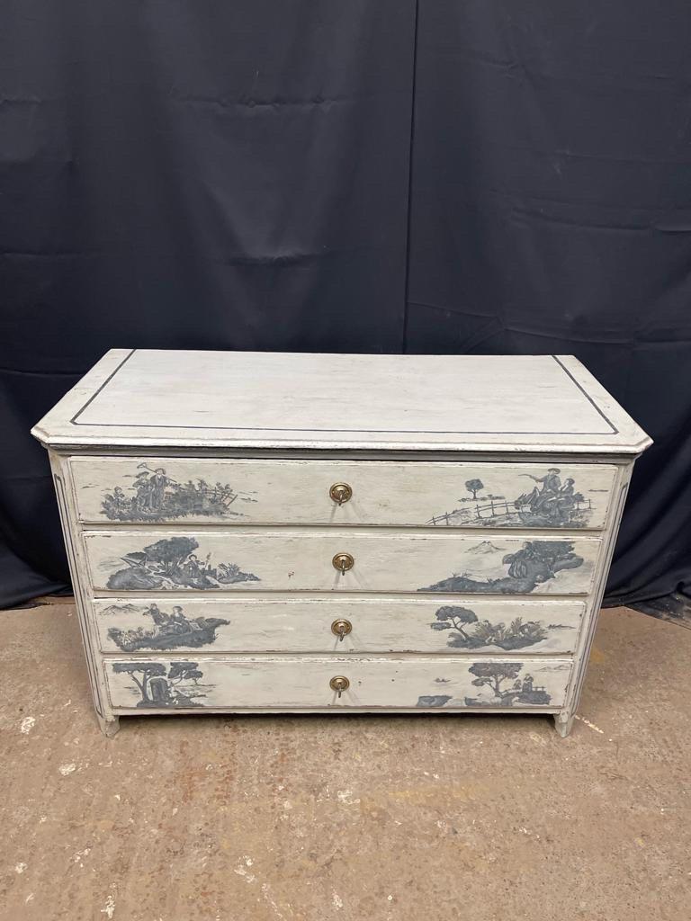 French Louis XVI chest of drawers 18th century magnificent patina toile de jouy For Sale