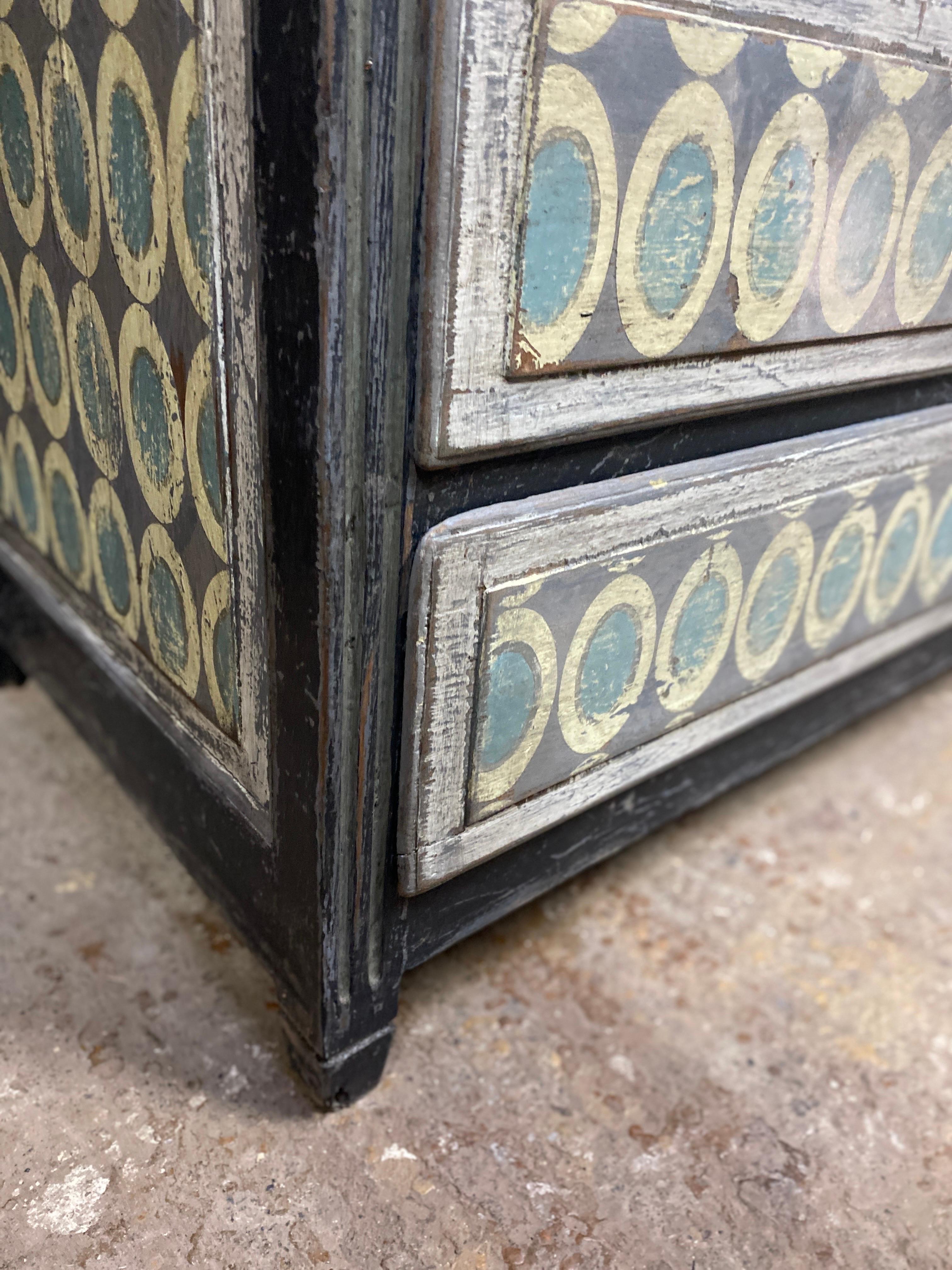 Hand-Painted Louis xvi chest of drawers 3 patina drawers with different shapes and colors For Sale