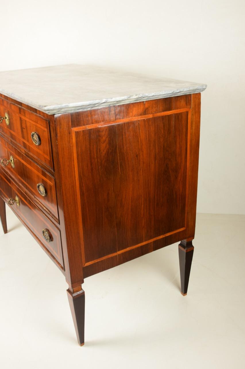 Carrara Marble Louis XVI Chest of Drawers Veneered in Rosewood with Gray Marble Top For Sale