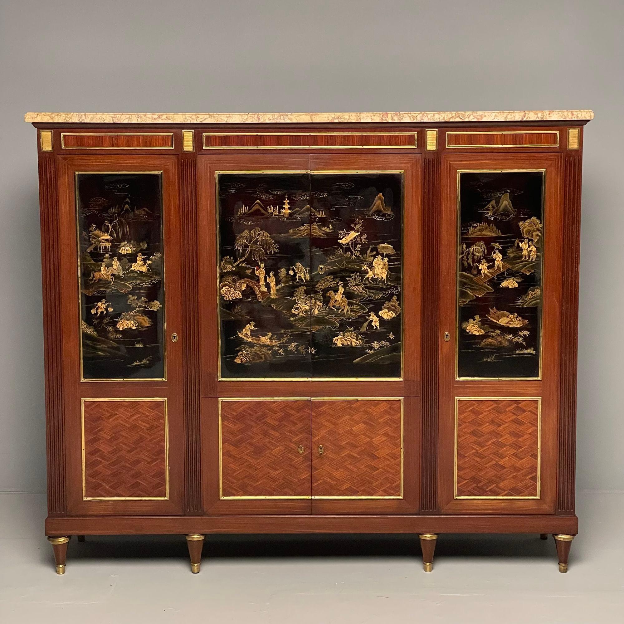 Louis XVI Chinoiserie Dry Bar, Bookcase Cabinet in Fashion of Maison Jansen

A large and impressive French Louis XVI style marble-top mahogany sideboard, in the manner of Maison Jensen, early 20th c., parquetry case, four cabinet doors with