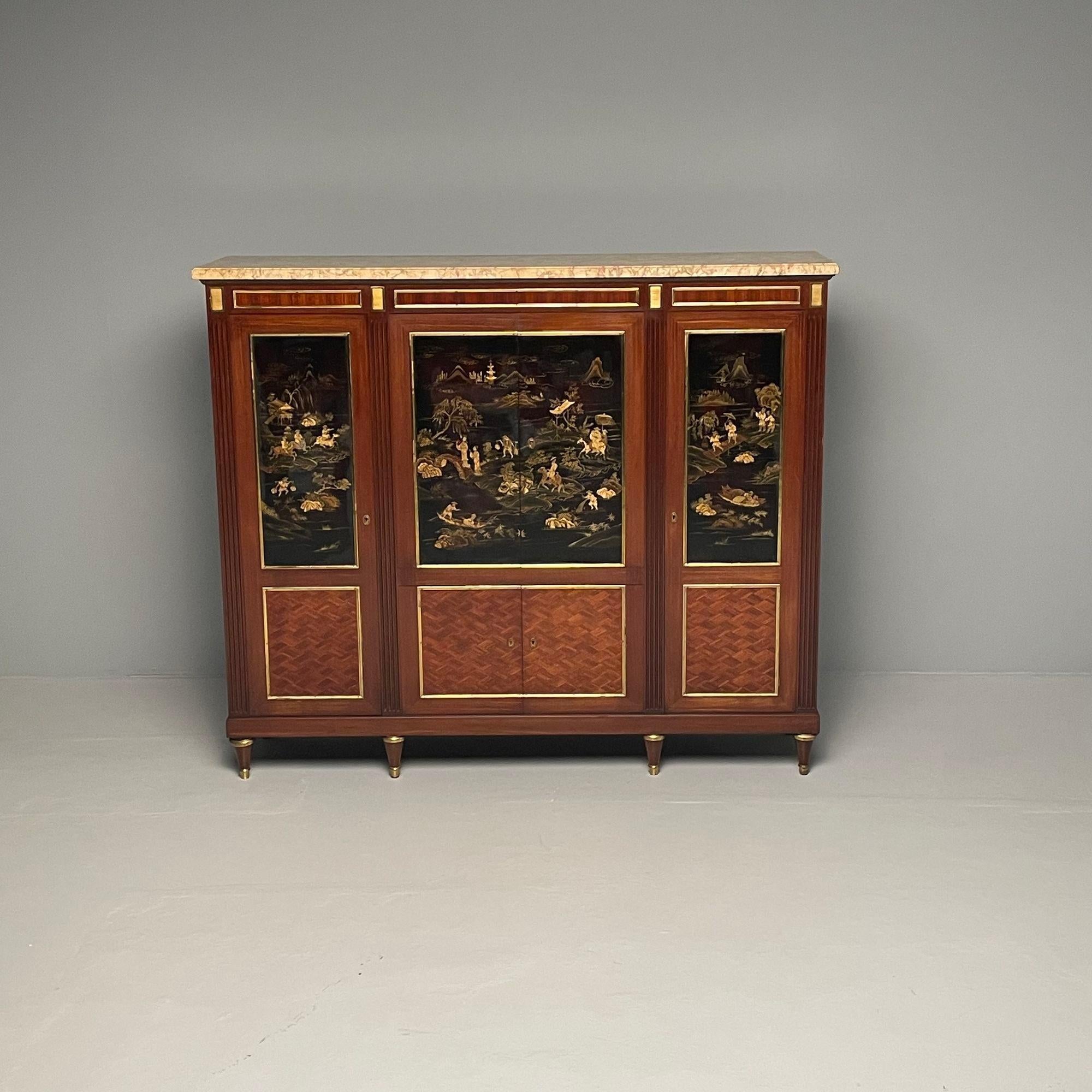 French Maison Jansen Style, Louis XVI, Chinoiserie, Mahogany, Black Lacquer, Parquetry For Sale