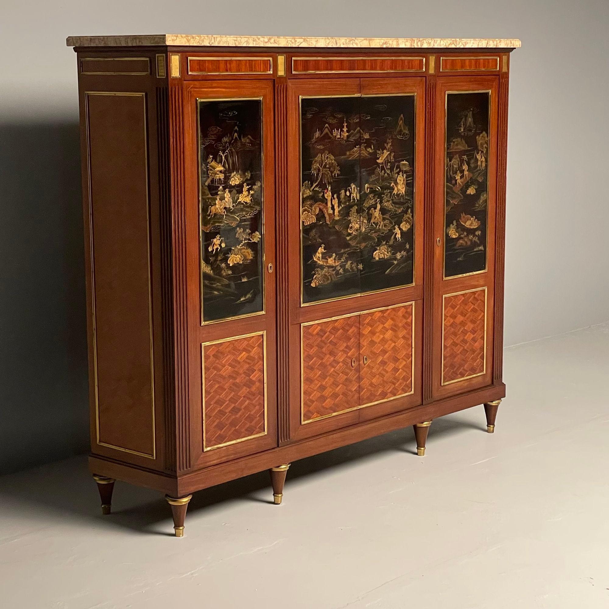 Maison Jansen Style, Louis XVI, Chinoiserie, Mahogany, Black Lacquer, Parquetry In Good Condition For Sale In Stamford, CT