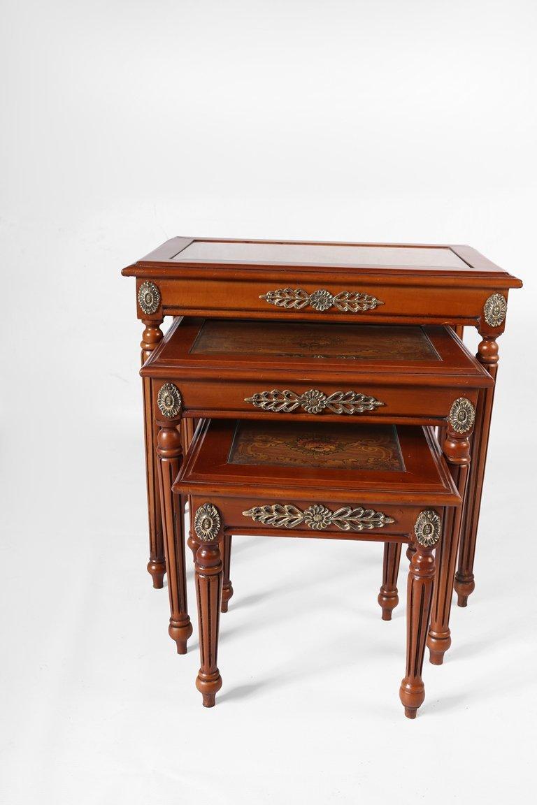 A stunning Louis XVI Classic nesting coffee tables, hand drawn (3 TABLES), 20th century. 

Handmade Classic nesting coffee tables are inspired by the French Louis XVI style which is characterized by its symmetry, straight lines and classical
