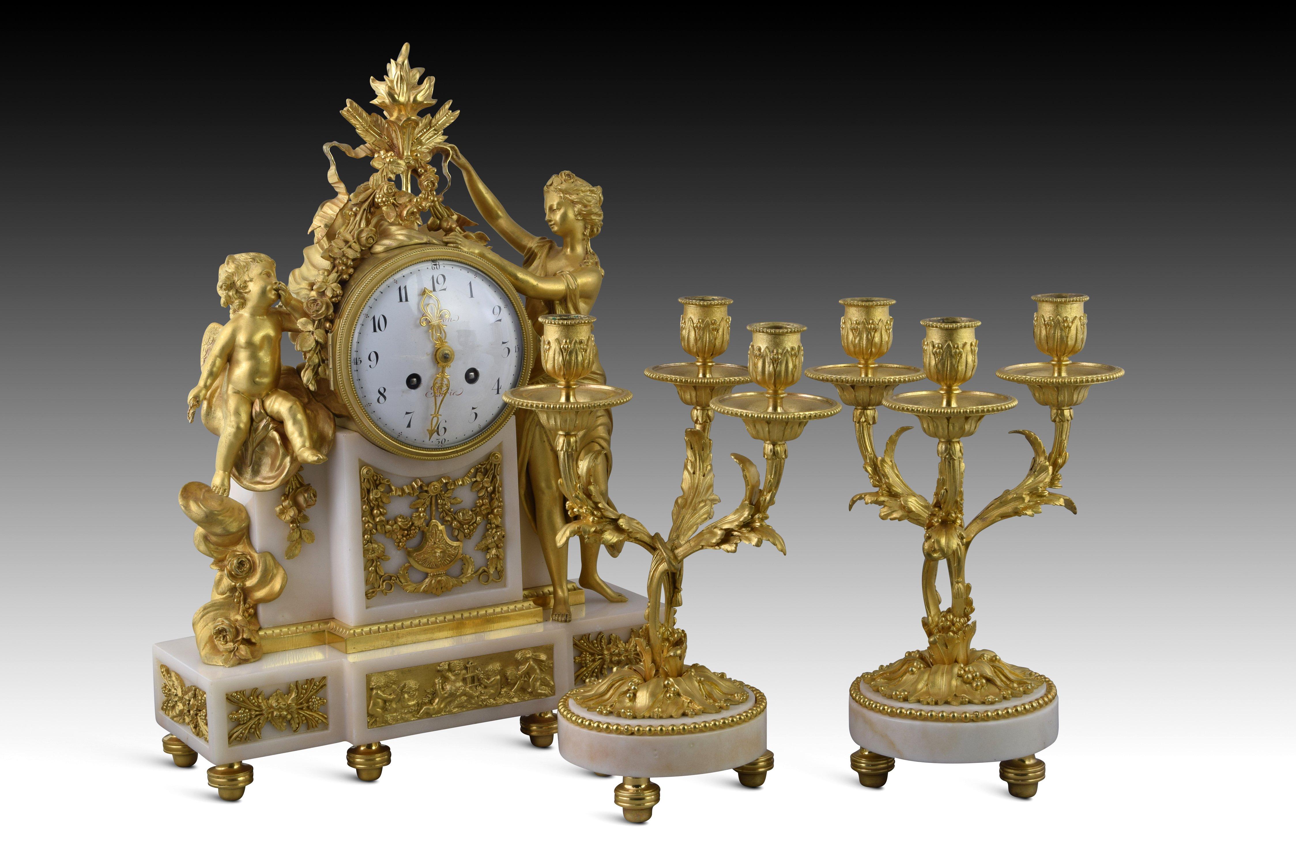 Louis XVI clock garrison and chandeliers. POCHON. Paris, circa late 18th century For Sale 5