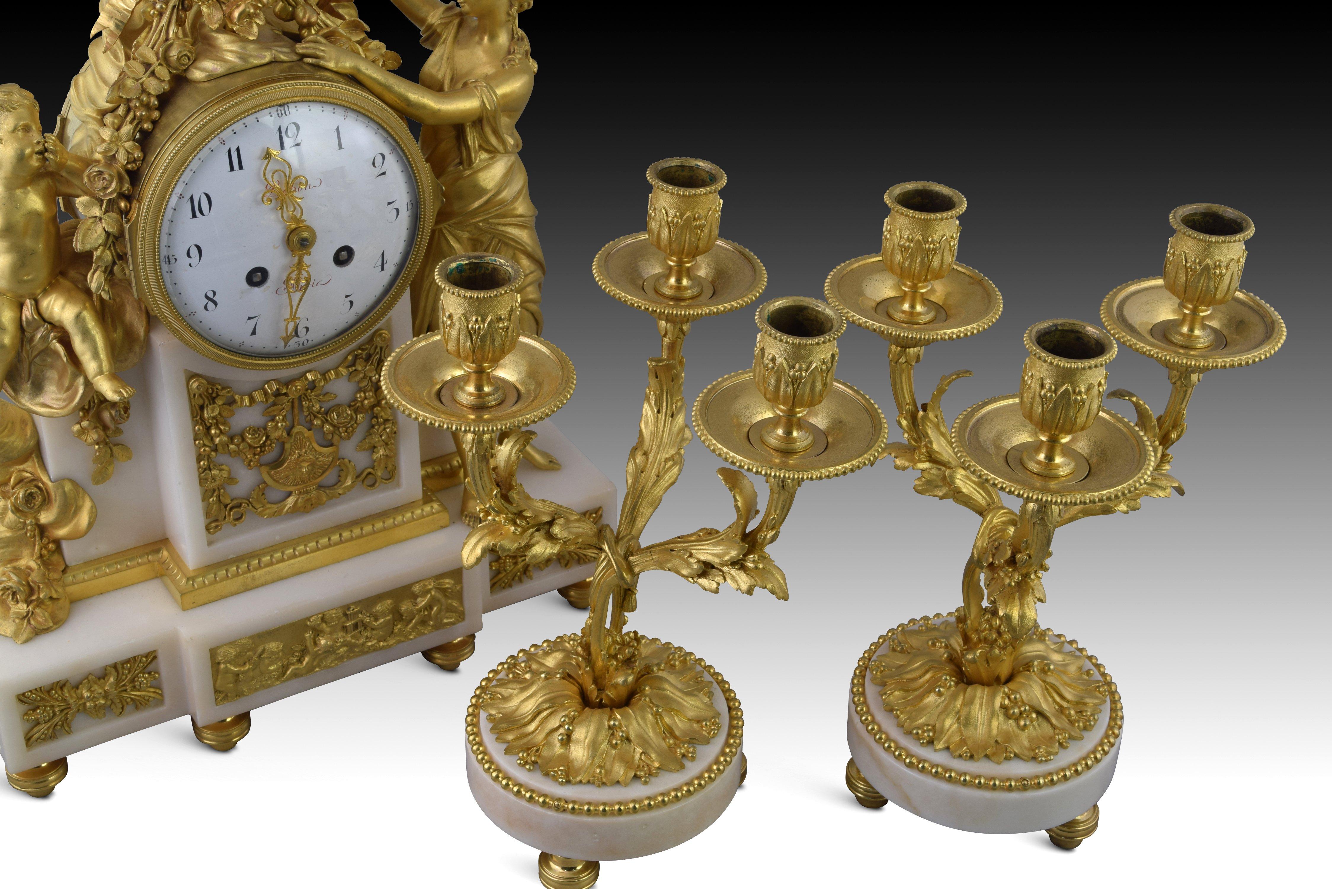 Louis XVI clock garrison and chandeliers. POCHON. Paris, circa late 18th century For Sale 6