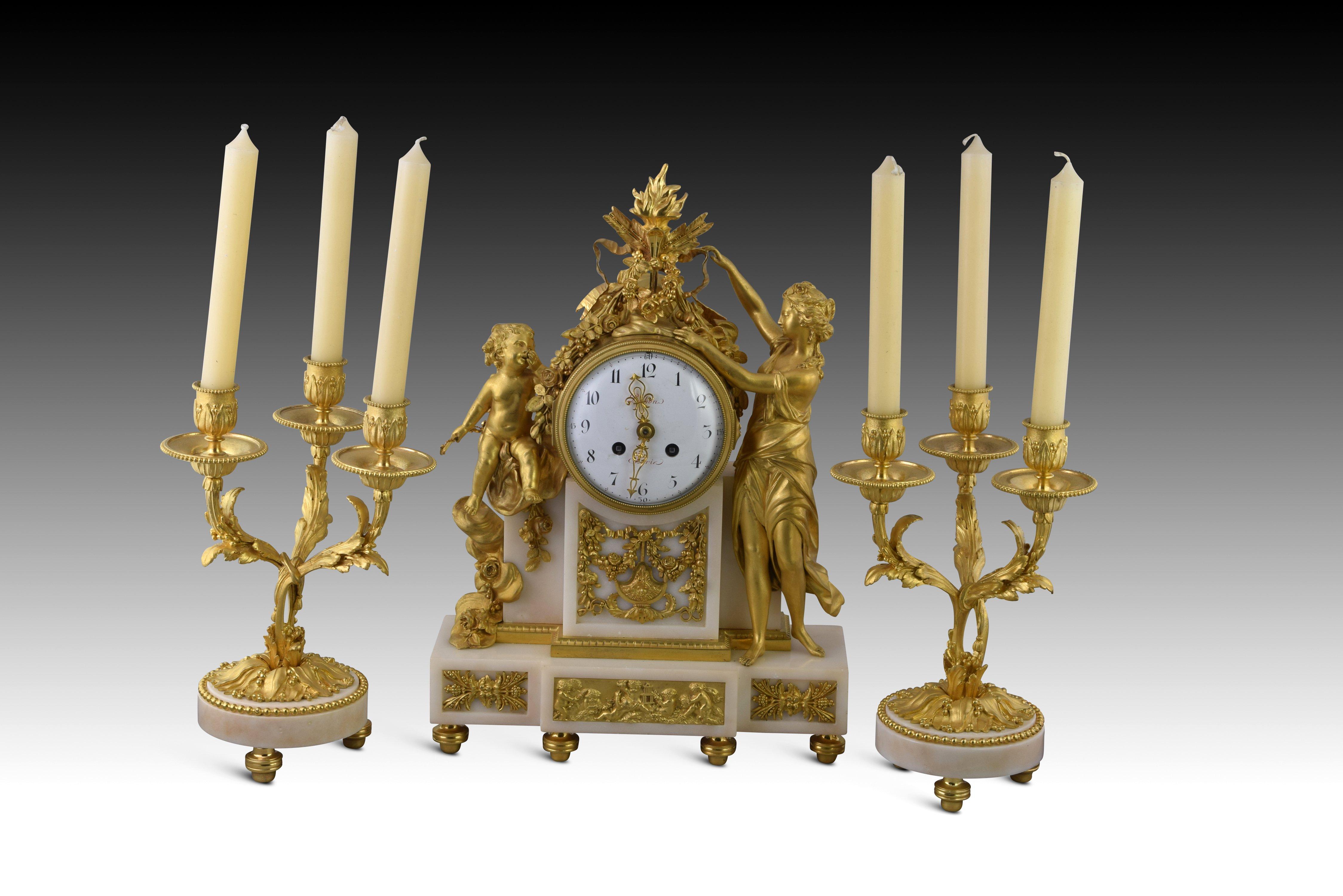 Louis XVI clock garrison and chandeliers. POCHON. Paris, circa late 18th century For Sale 8