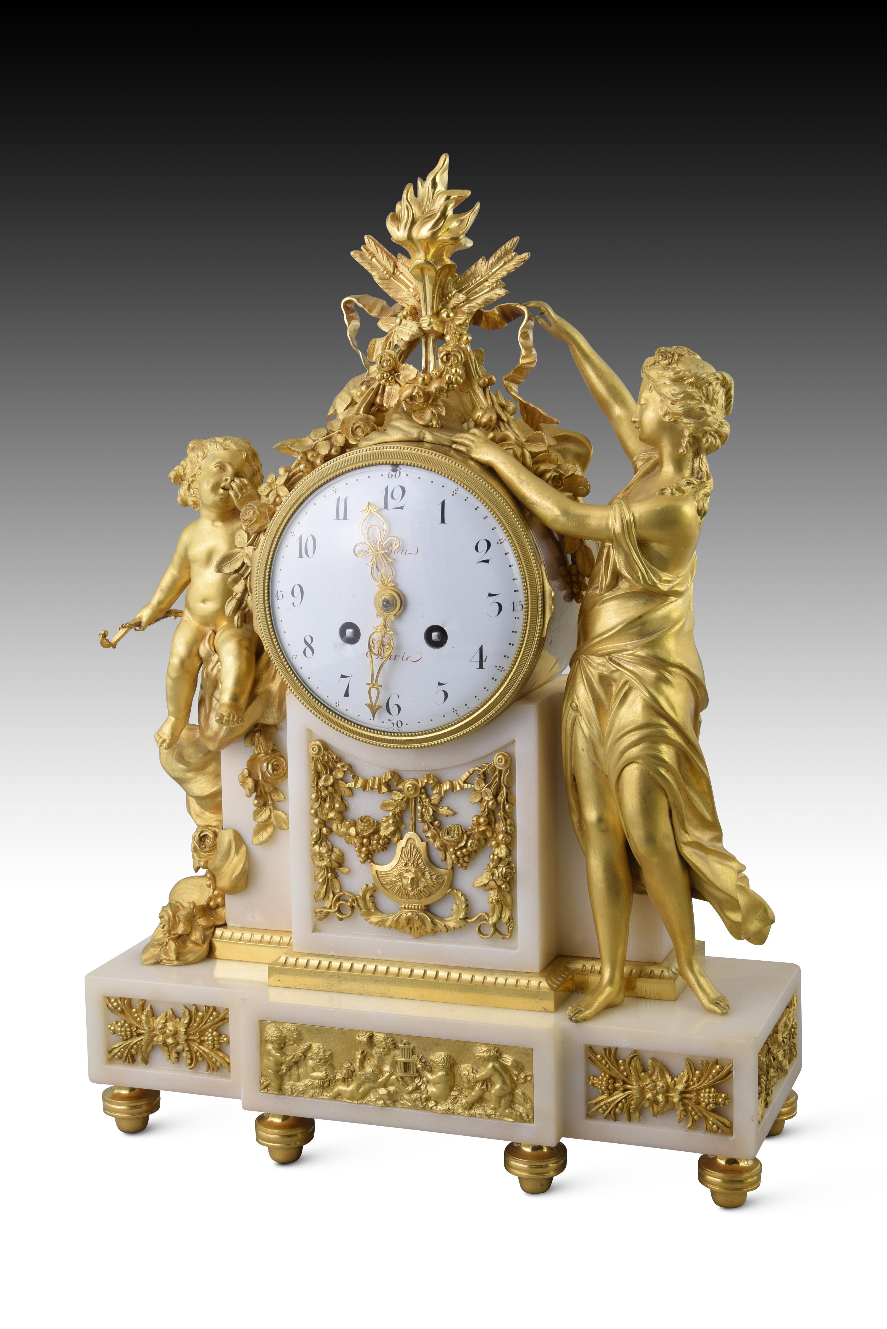 French Louis XVI clock garrison and chandeliers. POCHON. Paris, circa late 18th century For Sale