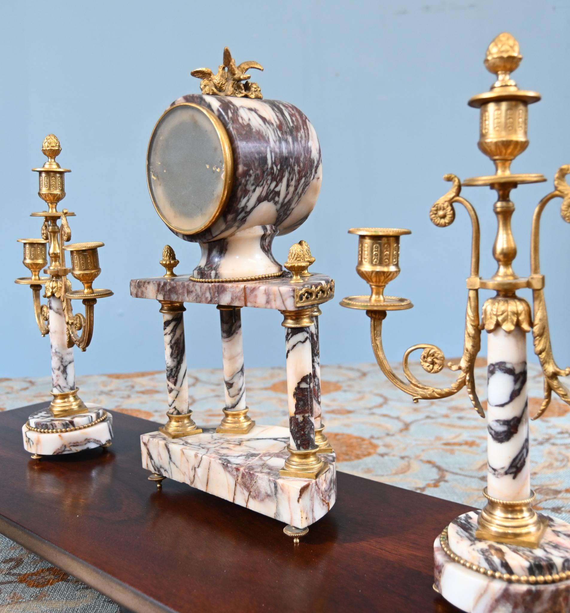 Louis XVI Clock Set Garniture Marble Gilt Candelabras French 1890 For Sale 3
