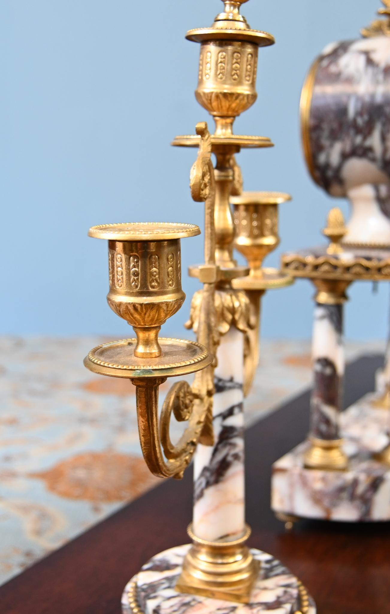 Louis XVI Clock Set Garniture Marble Gilt Candelabras French 1890 For Sale 4