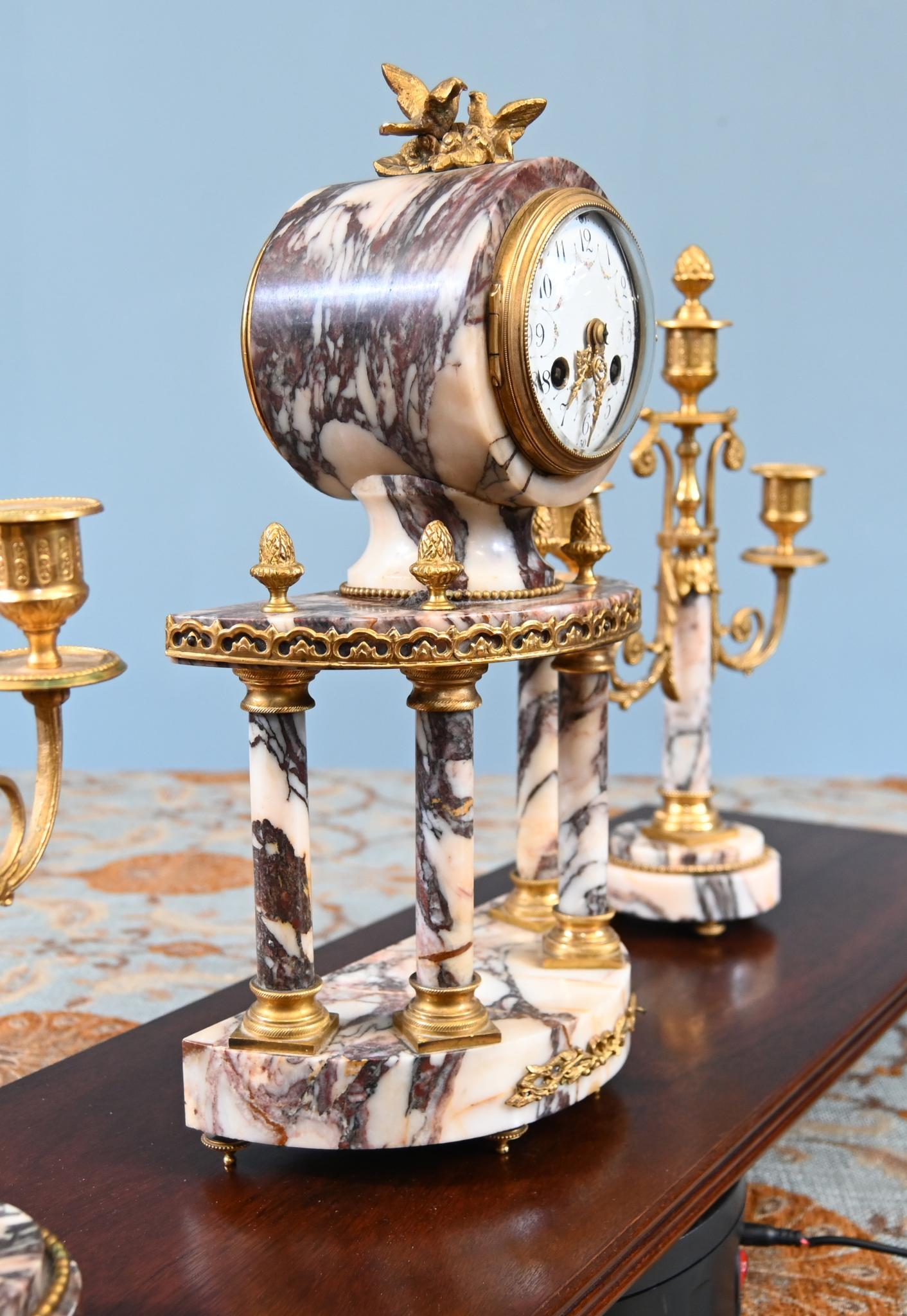 Louis XVI Clock Set Garniture Marble Gilt Candelabras French 1890 For Sale 5