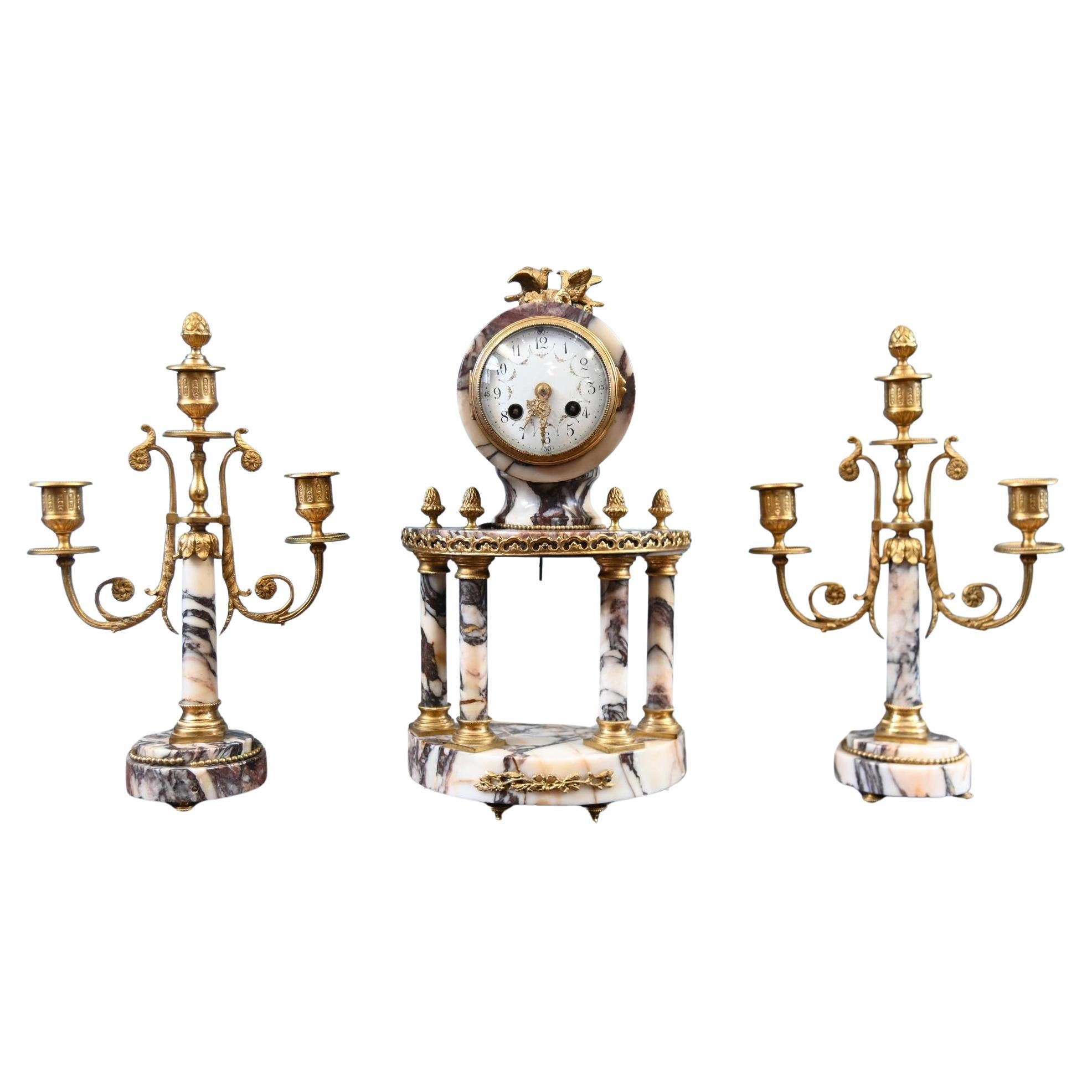 Louis XVI Clock Set Garniture Marble Gilt Candelabras French 1890