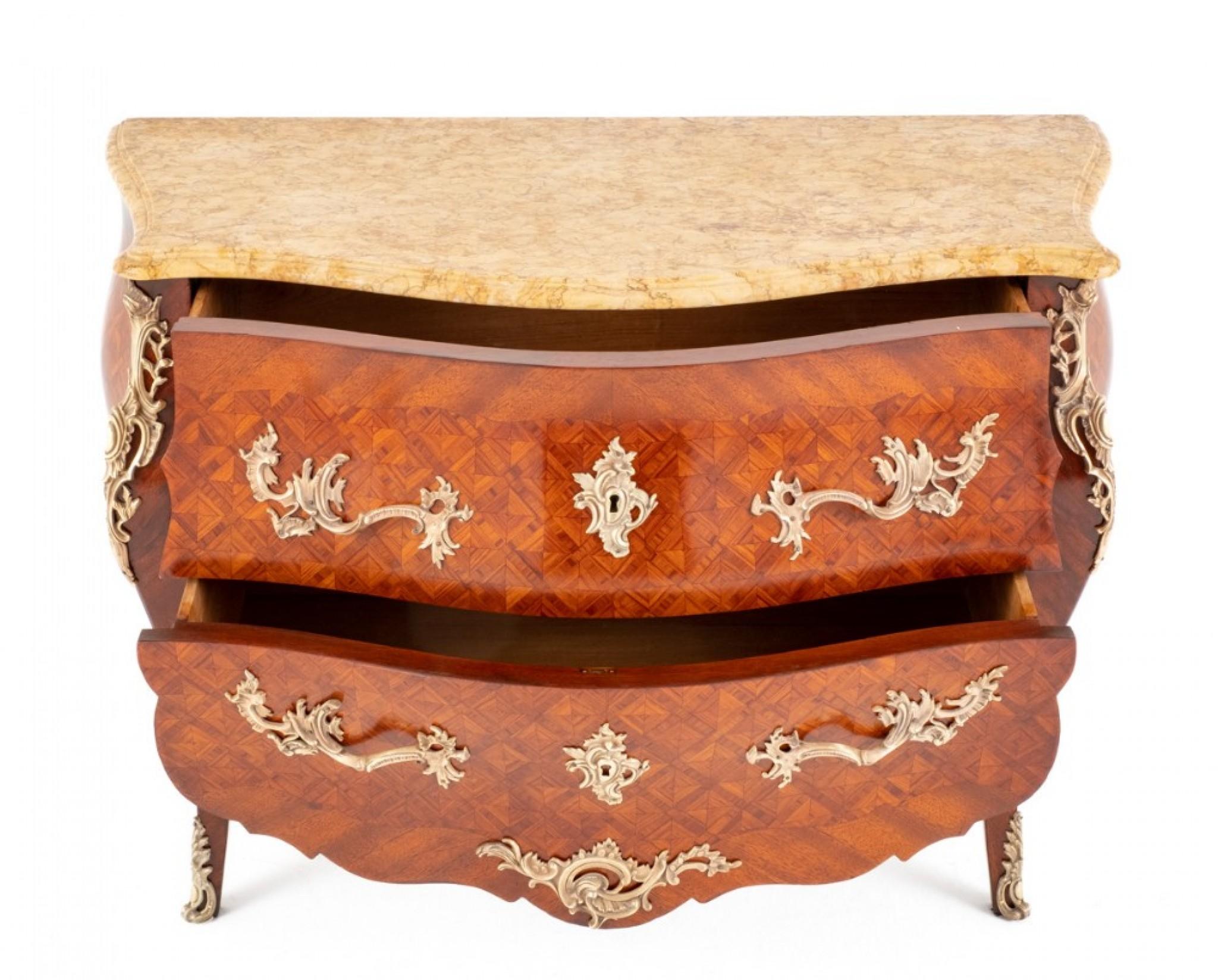 Walnut Louis XVI Commode Bombe Chest Drawers Parquetry For Sale