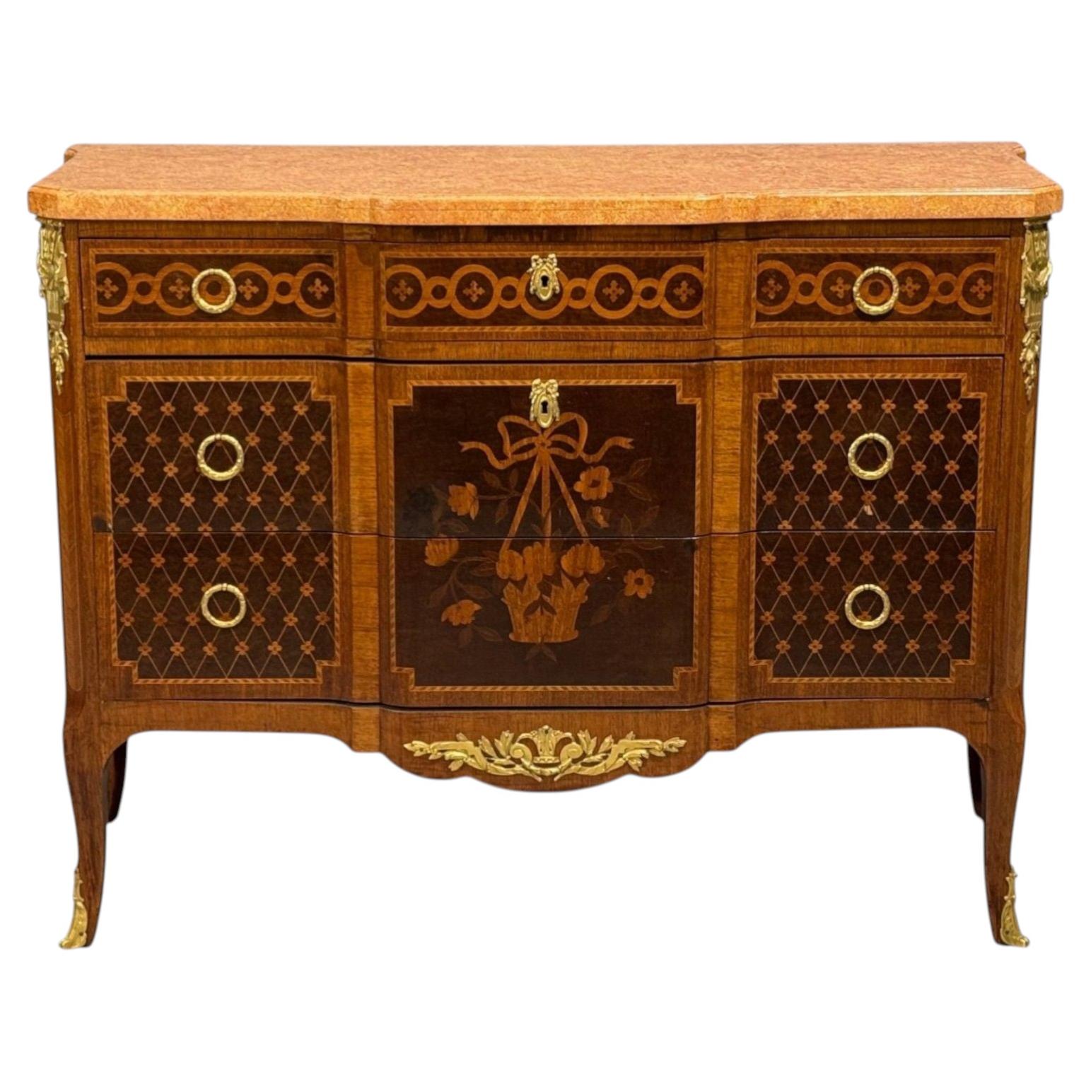 Commode Luigi XVI, bronzo, intarsio, finto marmo, Francia, 20° sec.