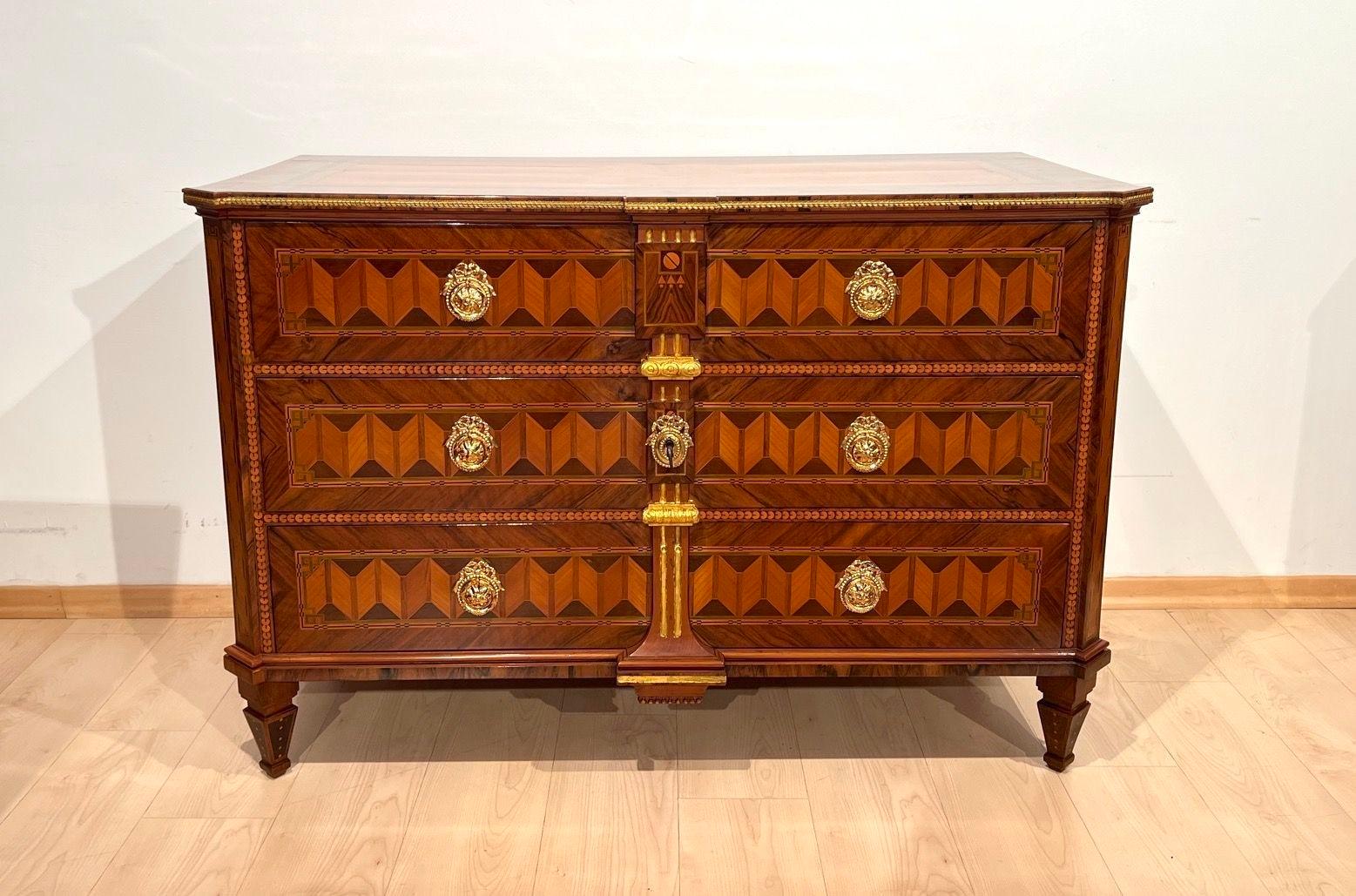 Austrian Louis XVI. Commode, Walnut, Cherry and Gold-Plate, Vienna, Austria circa 1790 For Sale