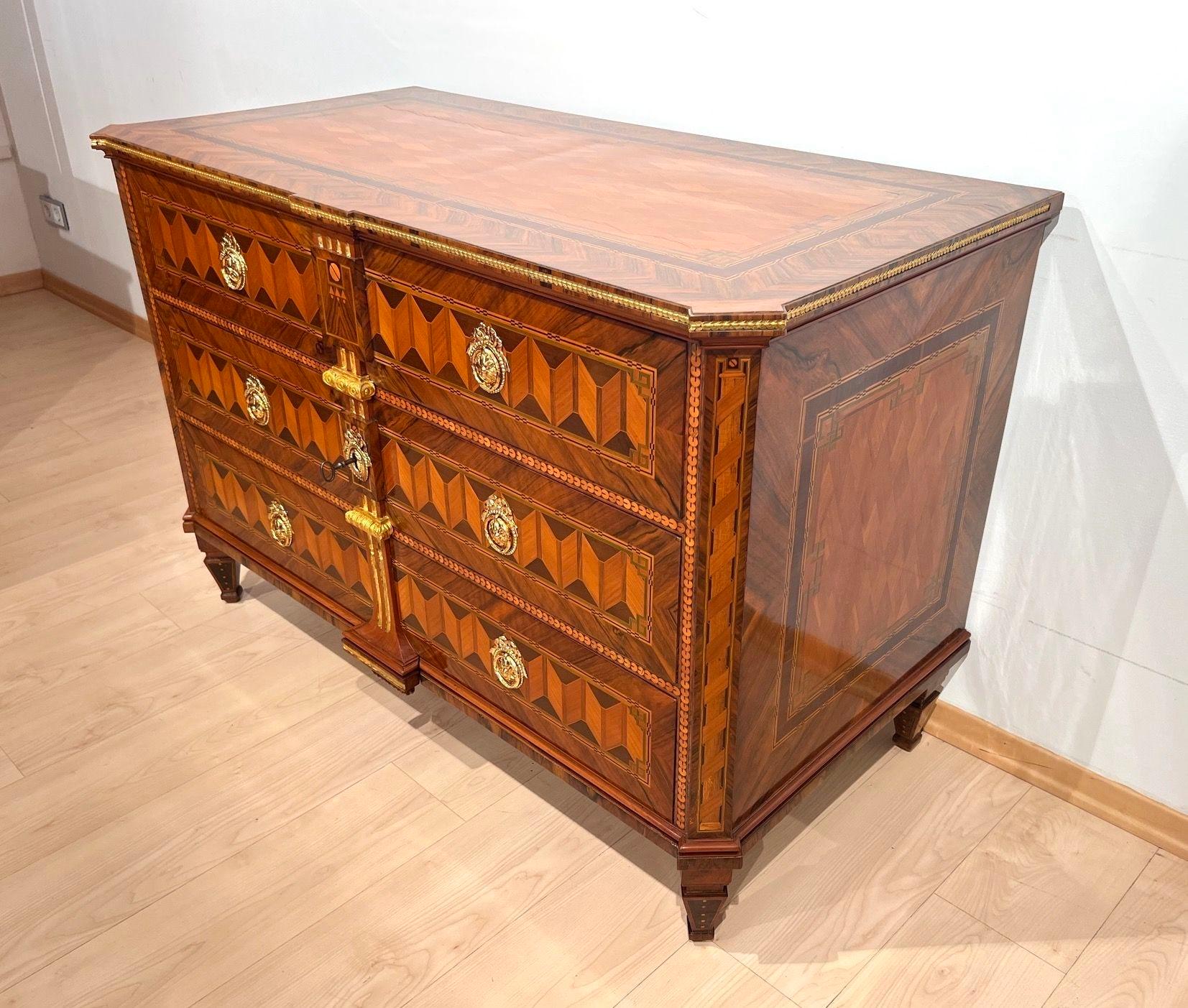 Inlay Louis XVI. Commode, Walnut, Cherry and Gold-Plate, Vienna, Austria circa 1790 For Sale