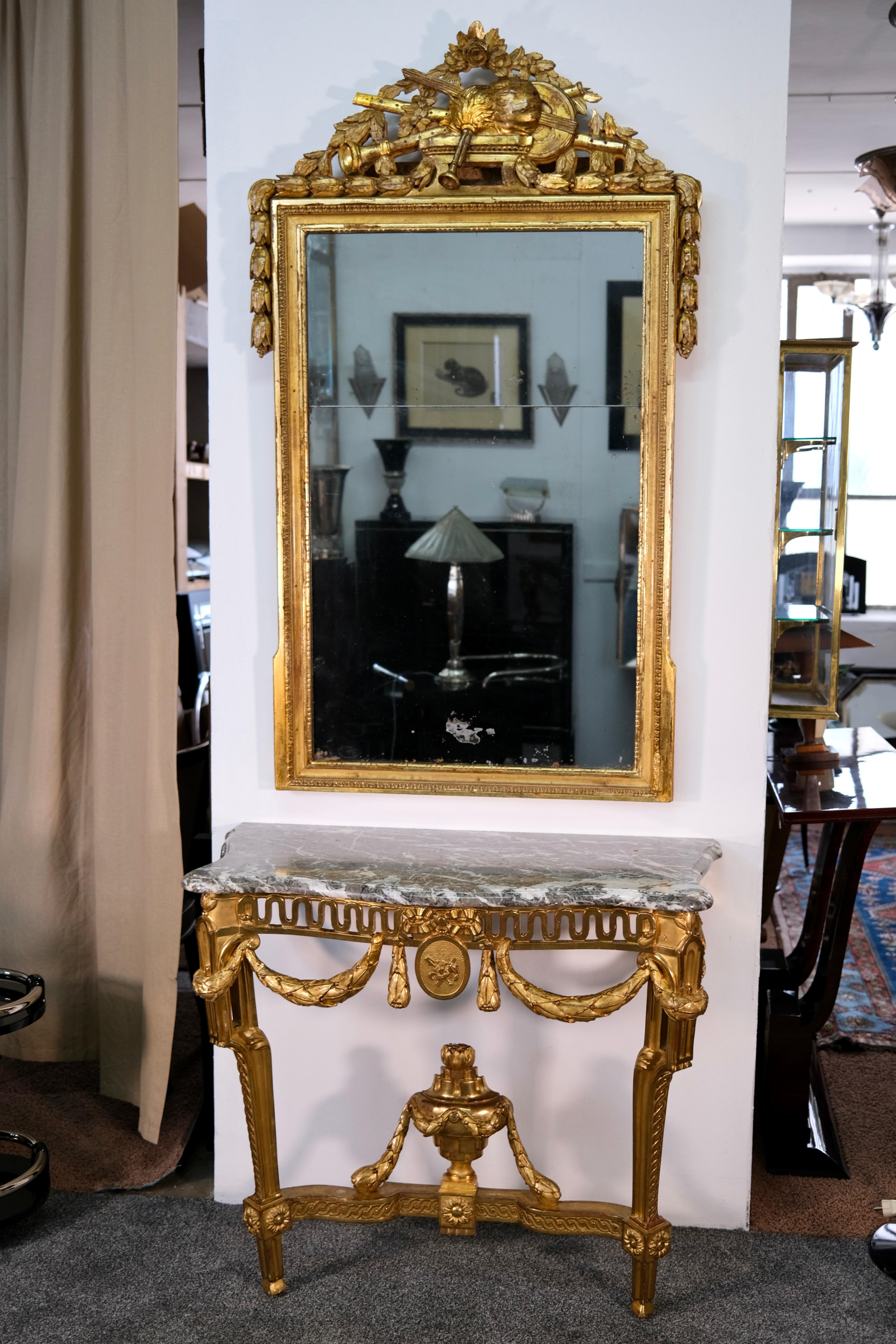 Plated Louis XVI Console and Mirror Set, Gilded Wood with Marble, France circa 1780 For Sale