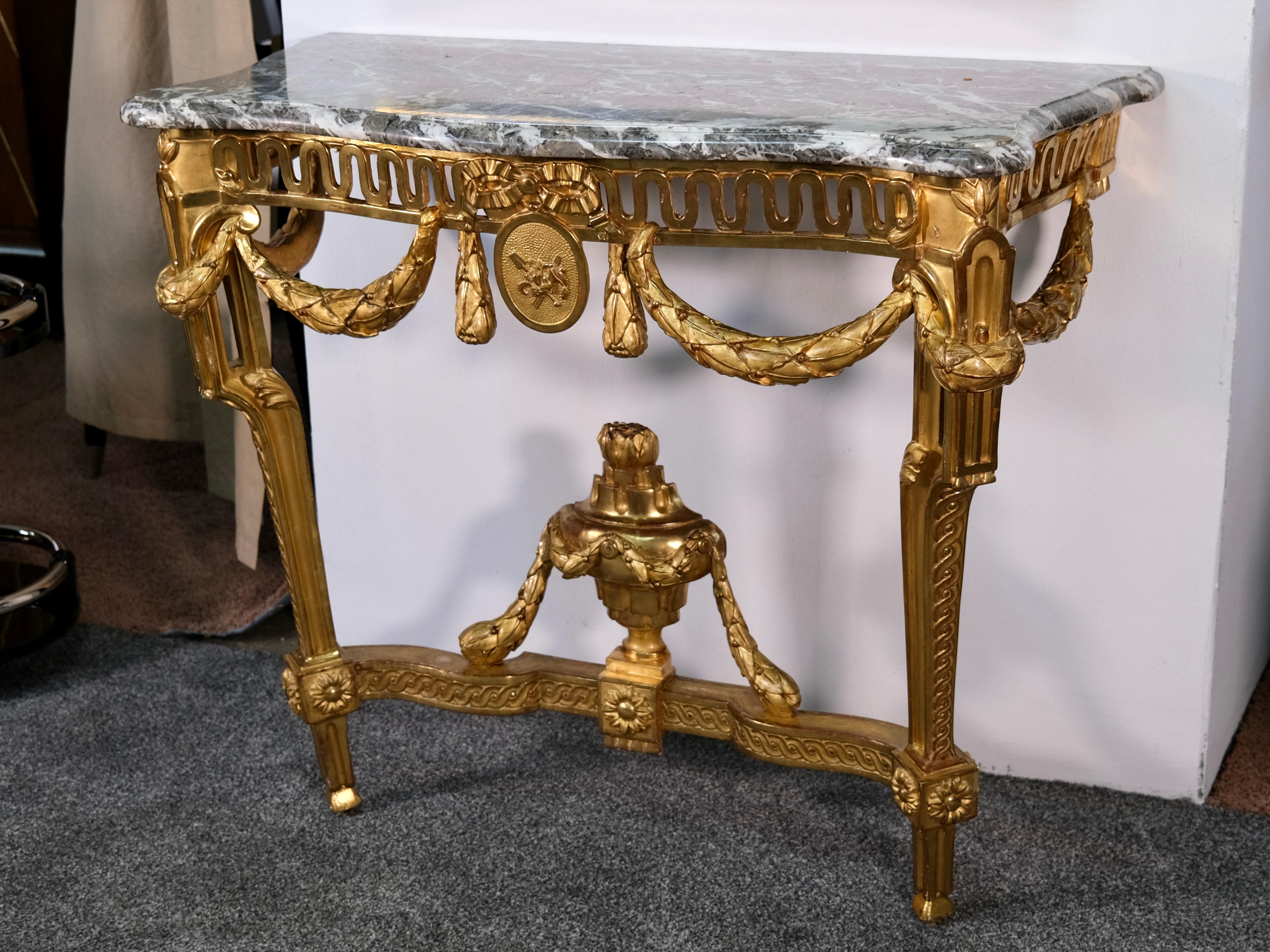 Louis XVI Console and Mirror Set, Gilded Wood with Marble, France circa 1780 In Fair Condition For Sale In Ulm, DE