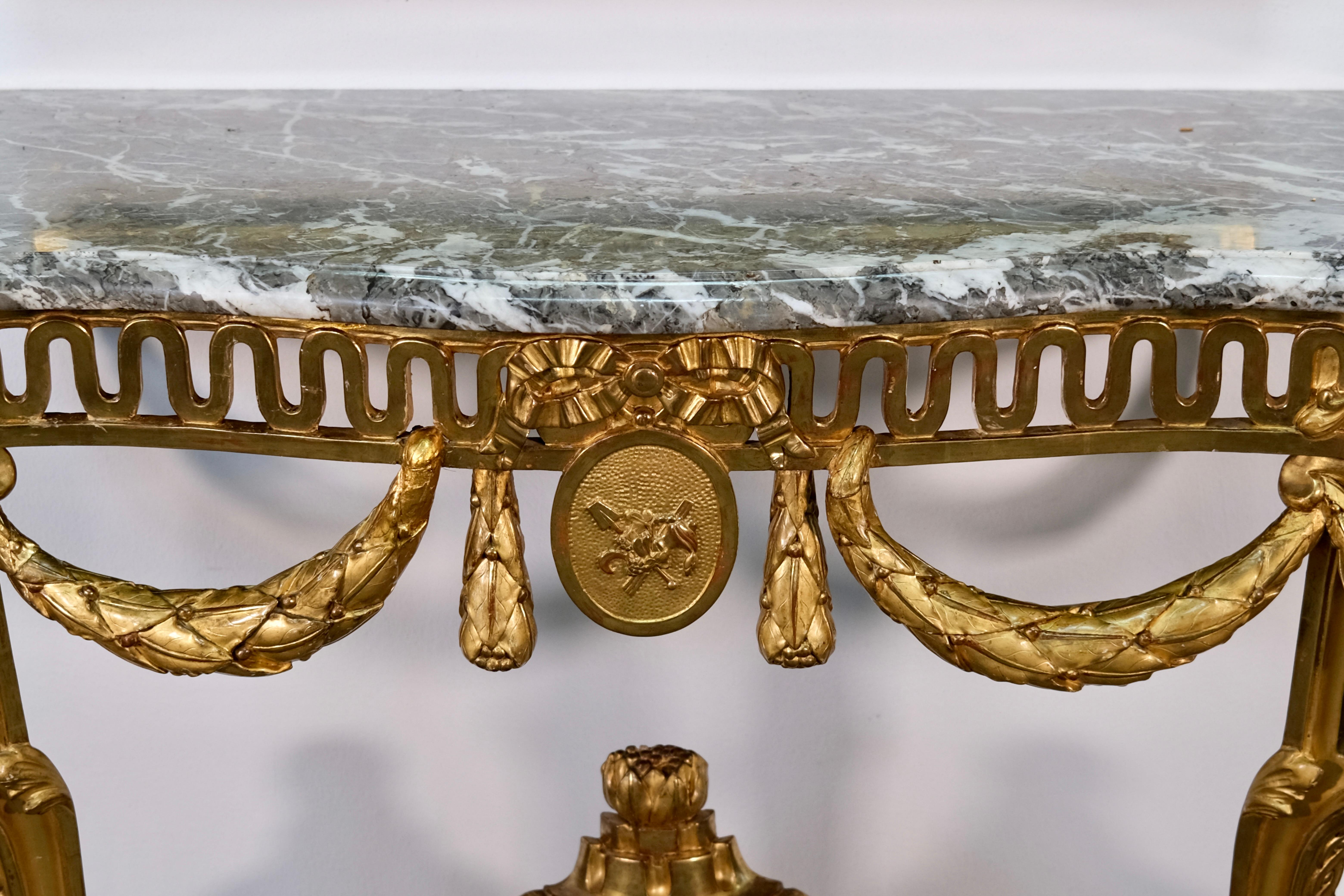 18th Century Louis XVI Console and Mirror Set, Gilded Wood with Marble, France circa 1780 For Sale