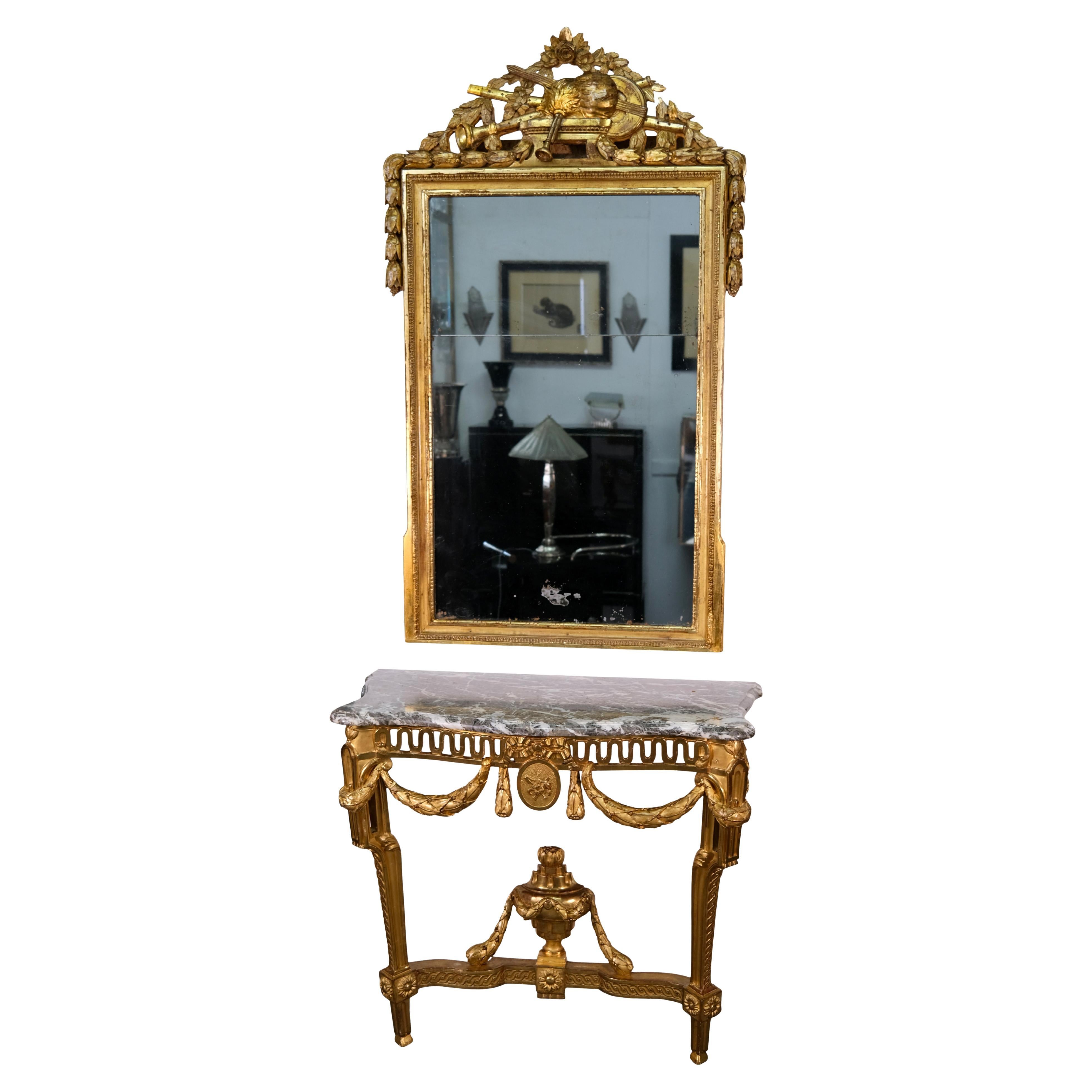 Louis XVI Console and Mirror Set, Gilded Wood with Marble, France circa 1780 For Sale