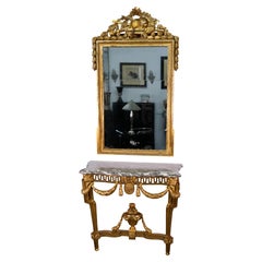 Louis XVI Console and Mirror Set, Gilded Wood with Marble, France circa 1780
