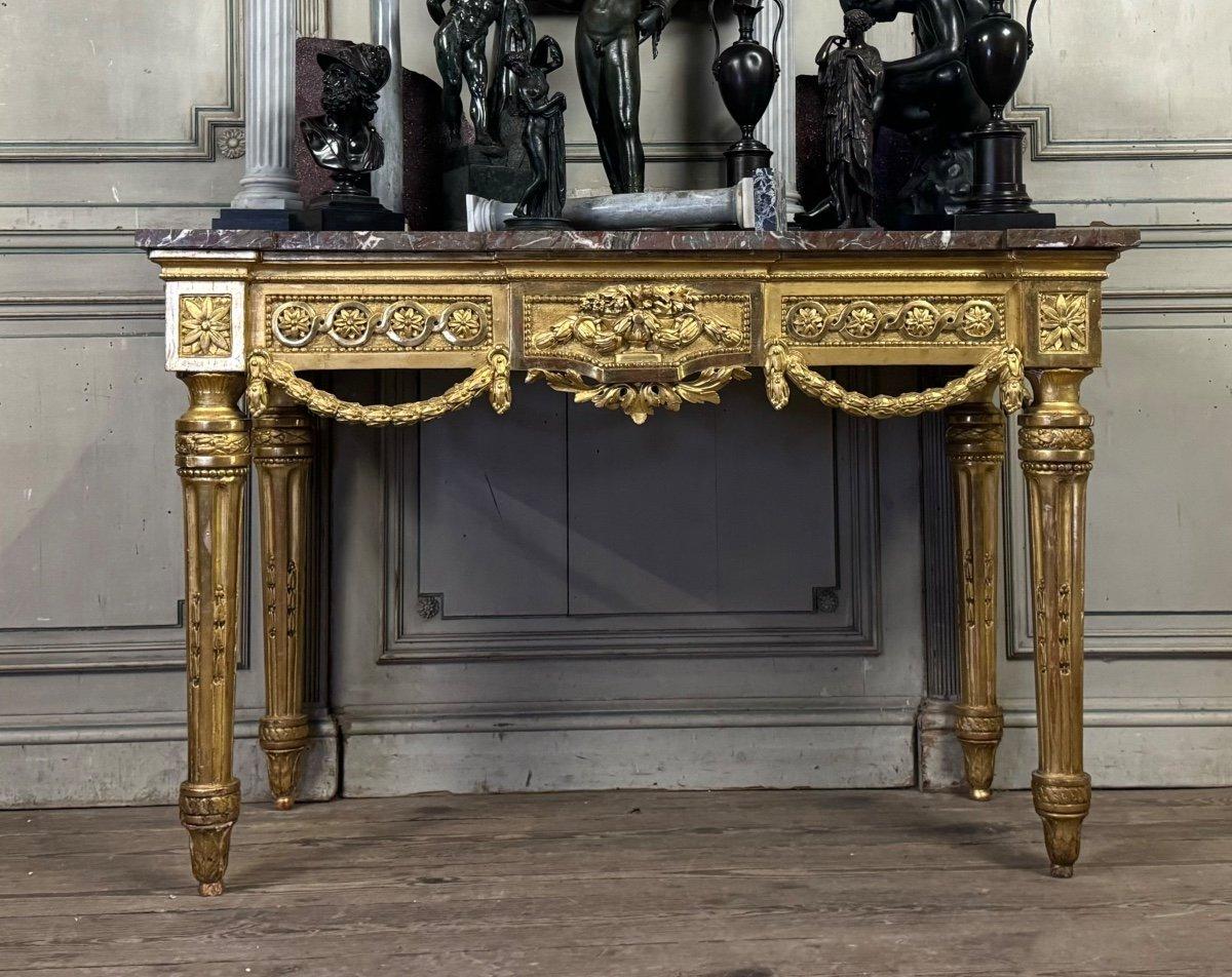Empire Louis XVI Console In Gilded Wood, Ardennes Grey Marble, 18th Century For Sale