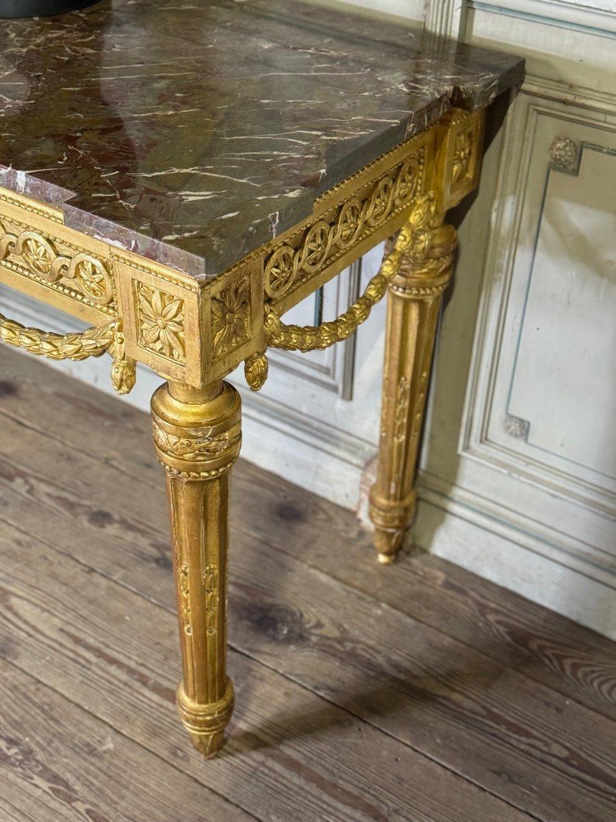 French Louis XVI Console In Gilded Wood, Ardennes Grey Marble, 18th Century For Sale
