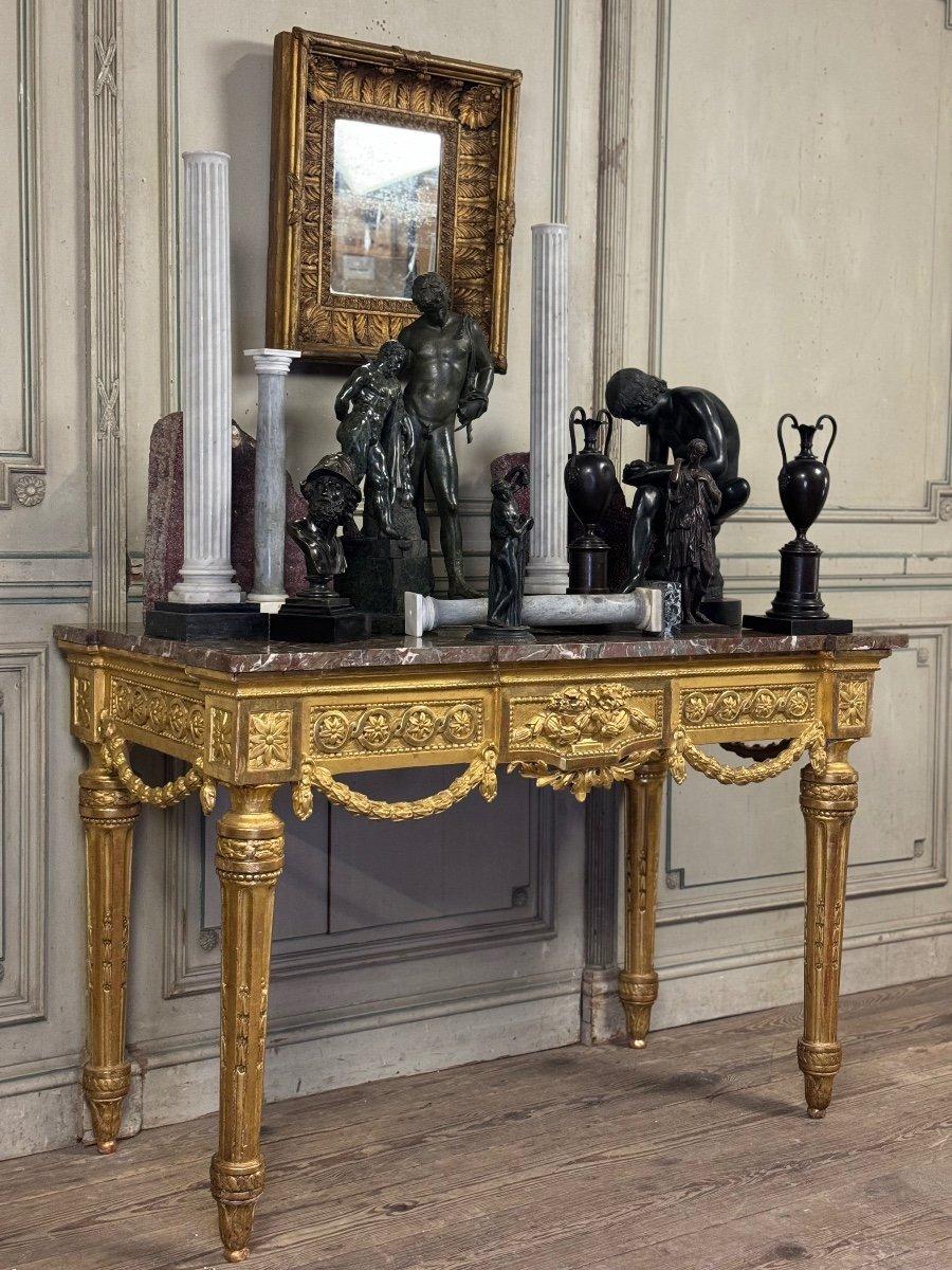 Louis XVI Console In Gilded Wood, Ardennes Grey Marble, 18th Century In Excellent Condition For Sale In Honnelles, WHT