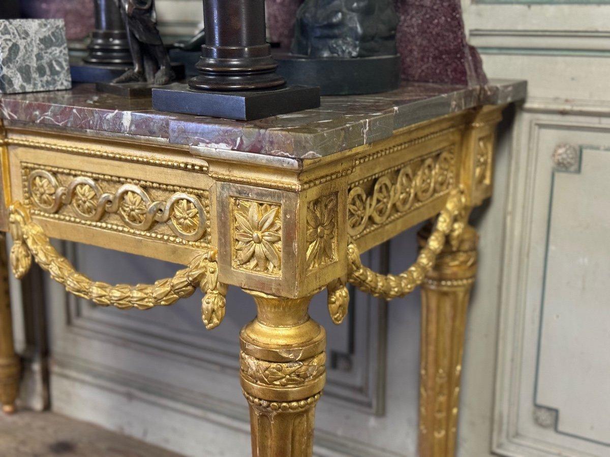 18th Century and Earlier Louis XVI Console In Gilded Wood, Ardennes Grey Marble, 18th Century For Sale