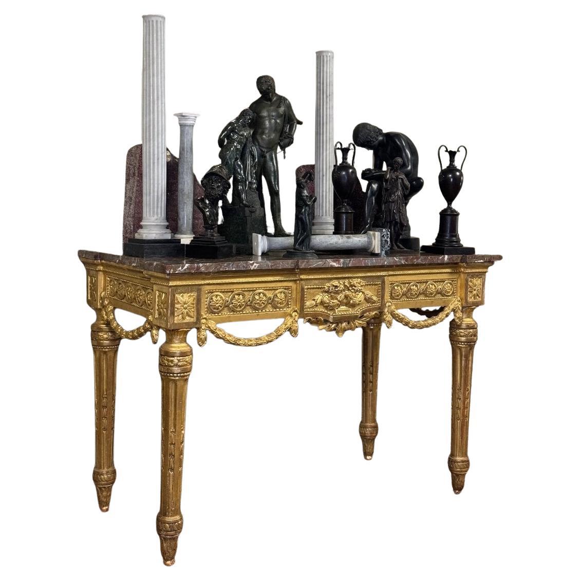Louis XVI Console In Gilded Wood, Ardennes Grey Marble, 18th Century