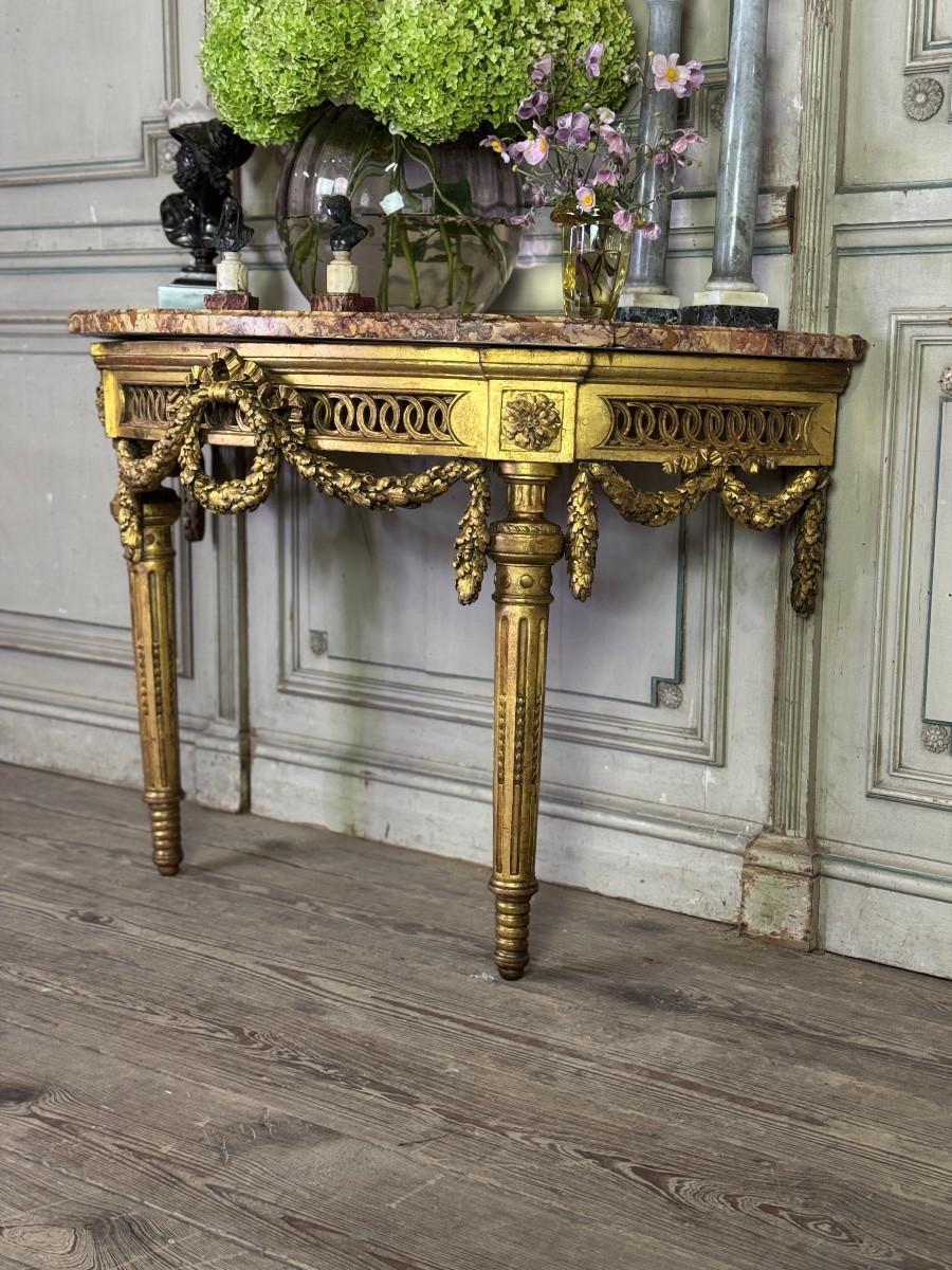 Louis XVI console table in carved and gilded wood with brocatelle marble from For Sale 4