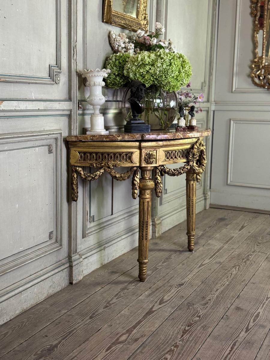 Louis XVI console table in carved and gilded wood with brocatelle marble from For Sale 5