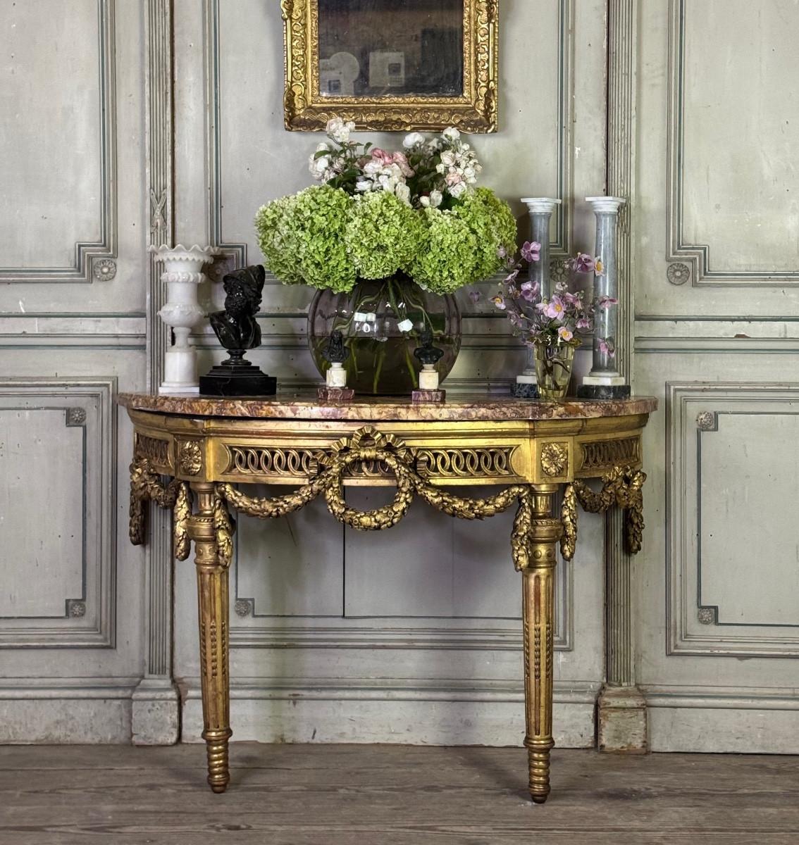 Louis XVI console table in carved and gilded wood with brocatelle marble from For Sale 6