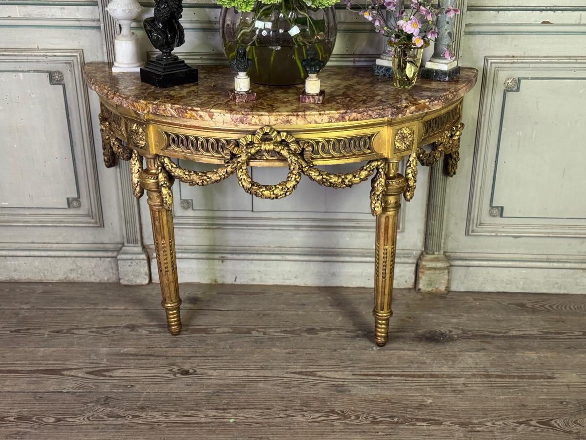 Louis XVI console table in carved and gilded wood with brocatelle marble from the Jura region, 18th century