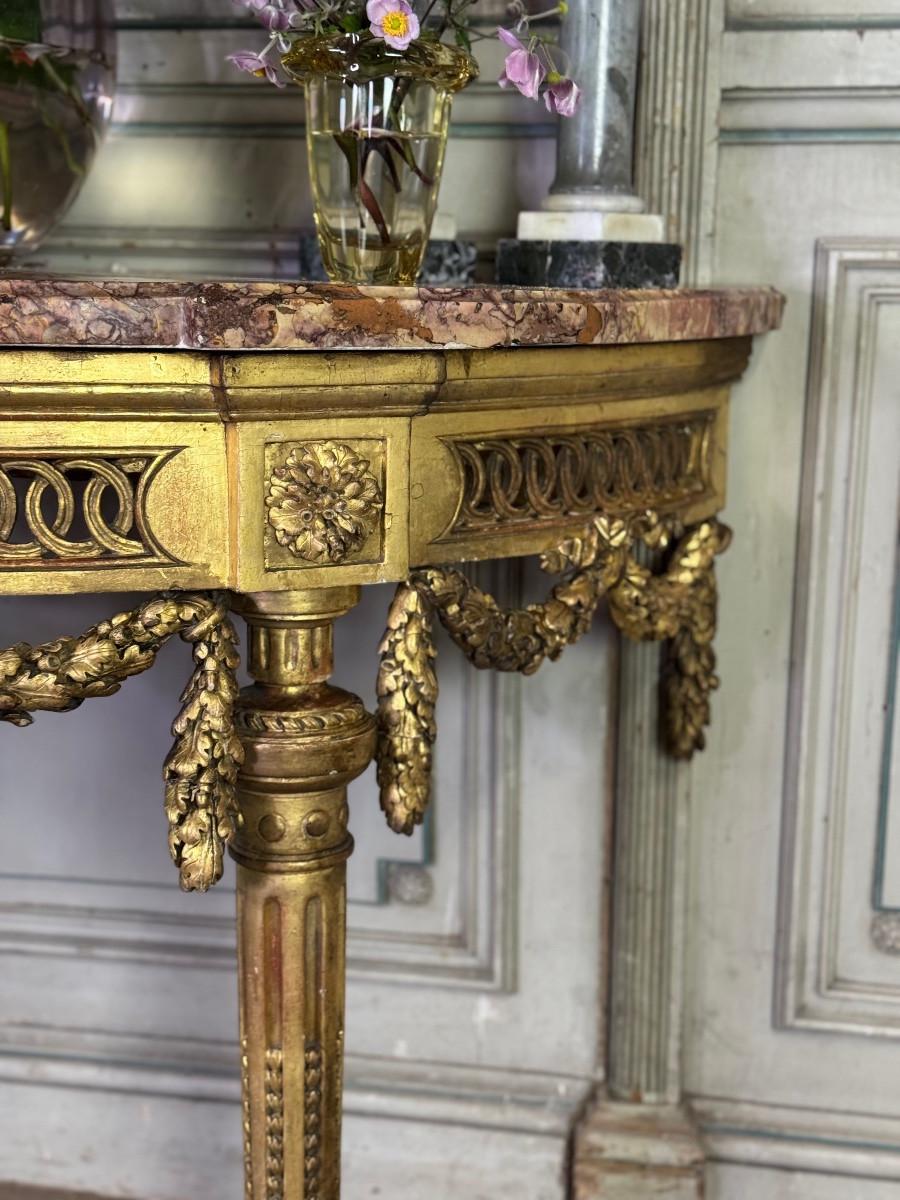 Wood Louis XVI console table in carved and gilded wood with brocatelle marble from For Sale
