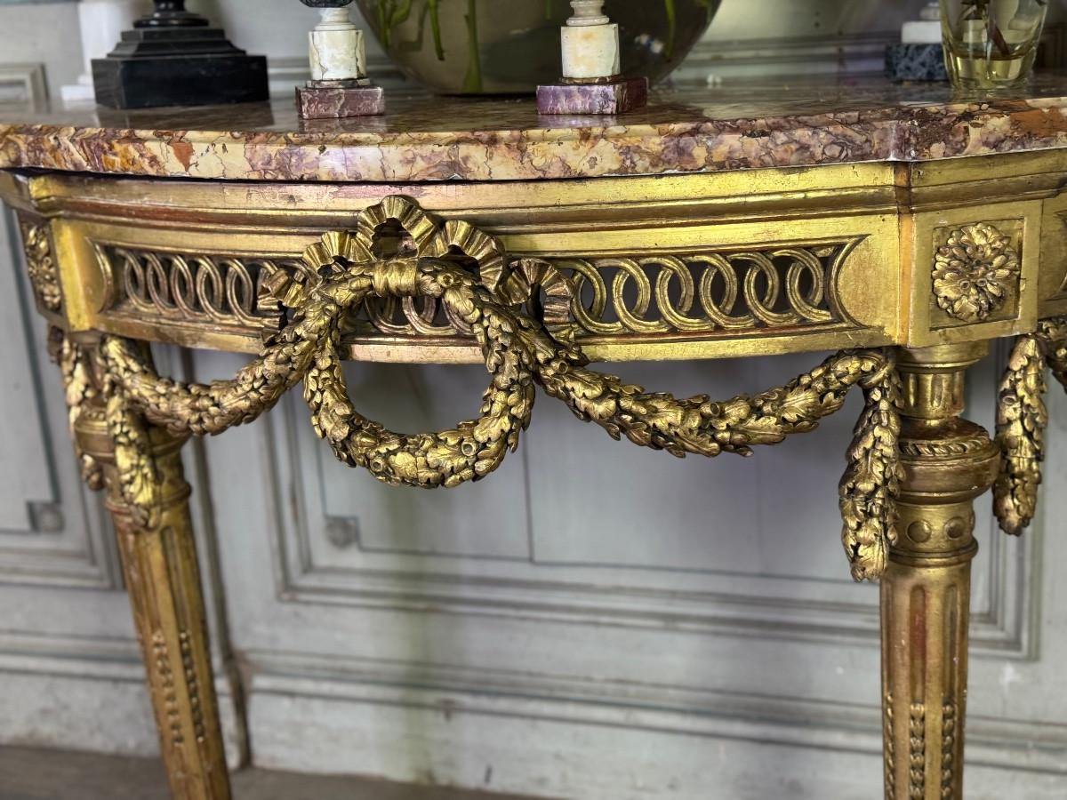 Louis XVI console table in carved and gilded wood with brocatelle marble from For Sale 1