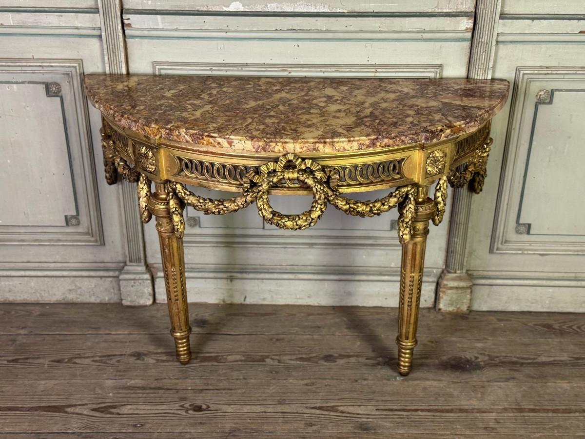 Louis XVI console table in carved and gilded wood with brocatelle marble from For Sale 3