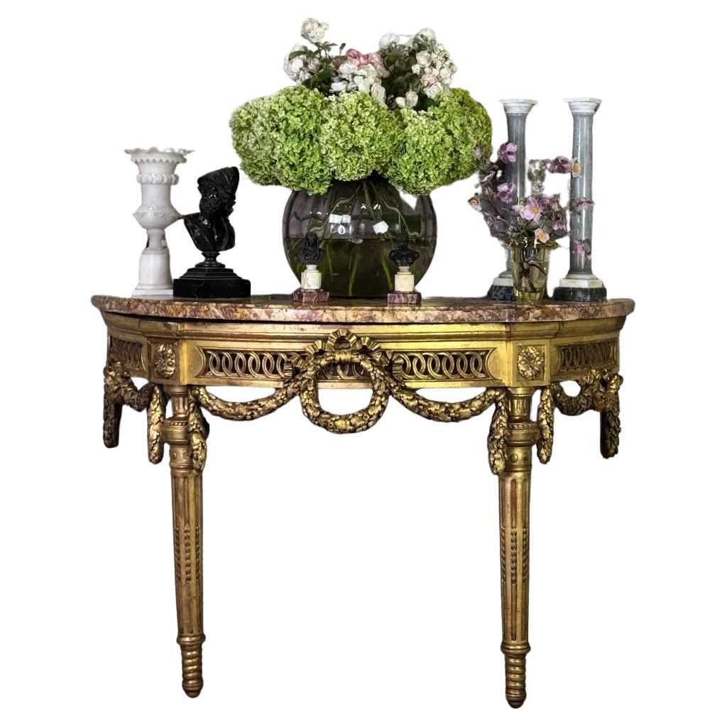 Louis XVI console table in carved and gilded wood with brocatelle marble from For Sale