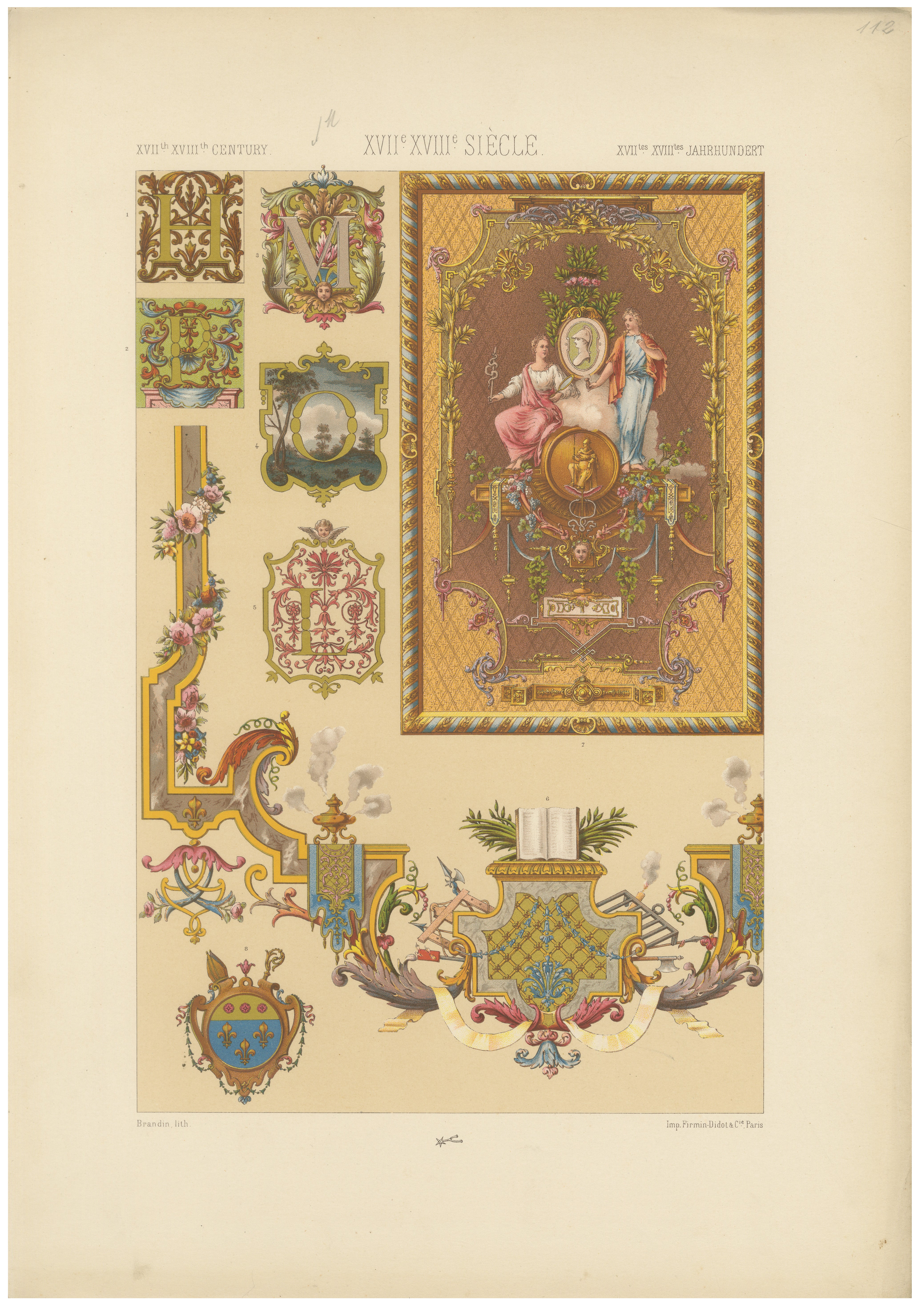 Louis XVI Decorative Ornament Chromolithograph by Albert Racinet, Paris, c. 1873