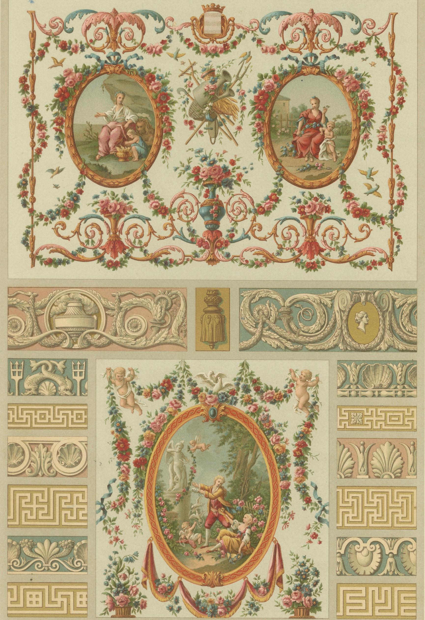 Louis XVI Decorative Panel Chromolithograph by Albert Racinet, Paris, c. 1873