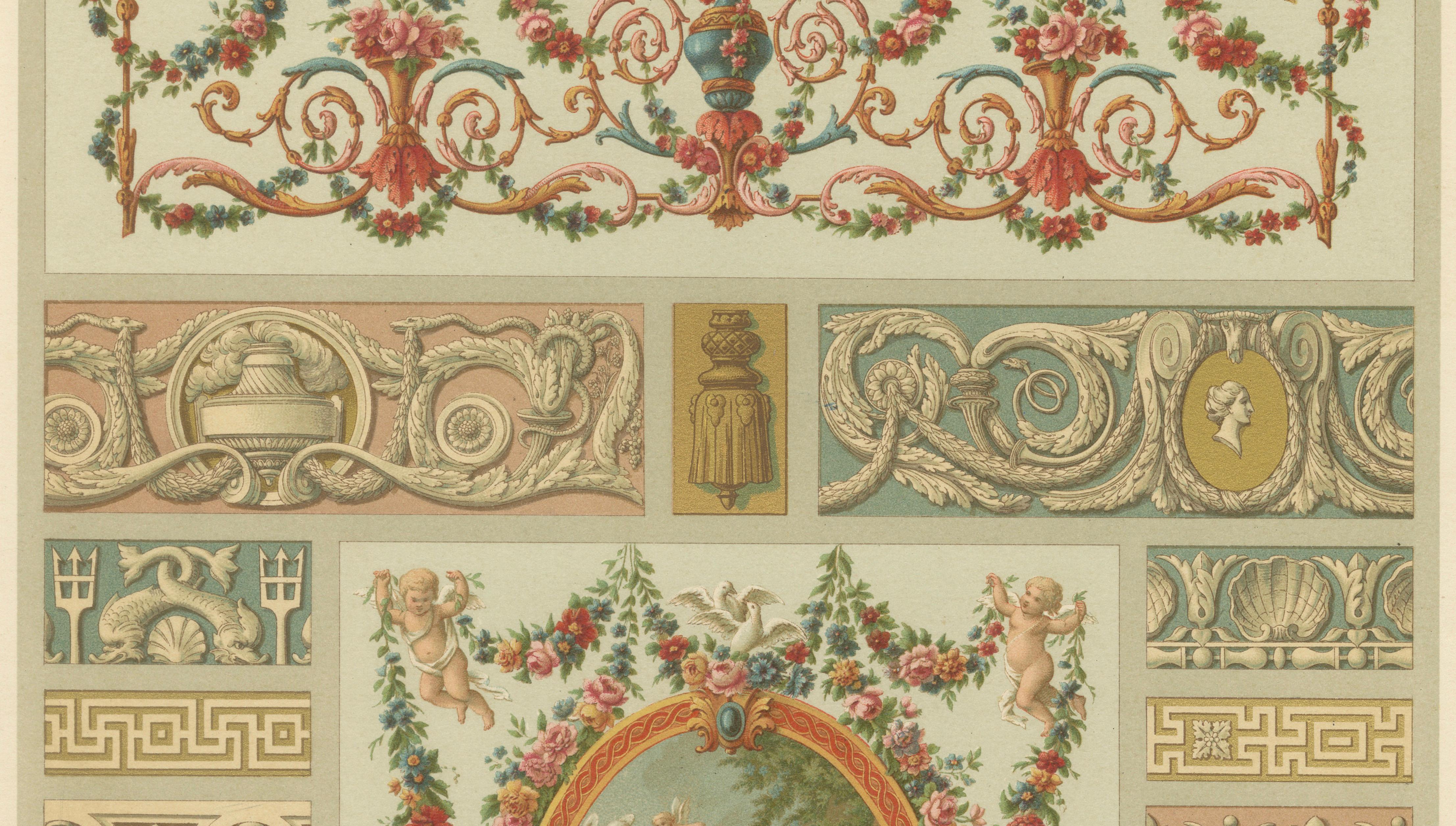 Louis XVI Decorative Panel Chromolithograph by Albert Racinet, Paris, c. 1873