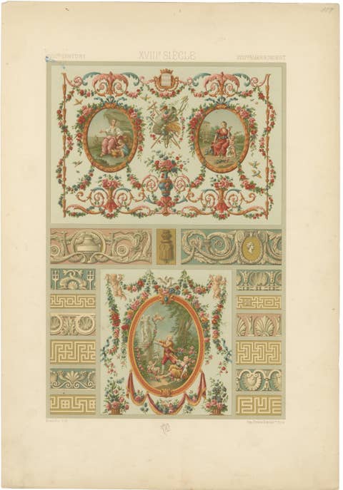 Louis XVI Decorative Panel Chromolithograph by Albert Racinet, Paris, c. 1873