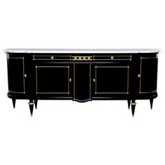 Antique Louis XVI Demi Lune Black and Brass Sideboard with Carrara Marble Top