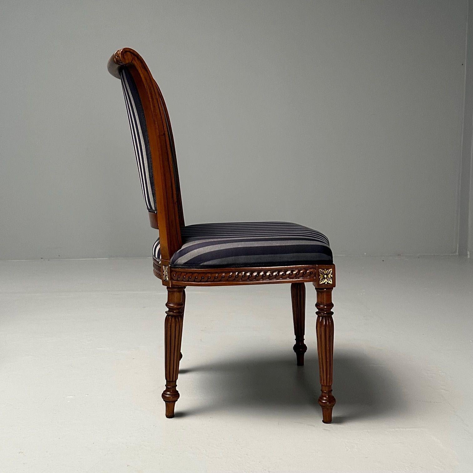Louis XVI, Dining Chairs, Walnut, Navy Fabric, Giltwood, United States, 2000s 5