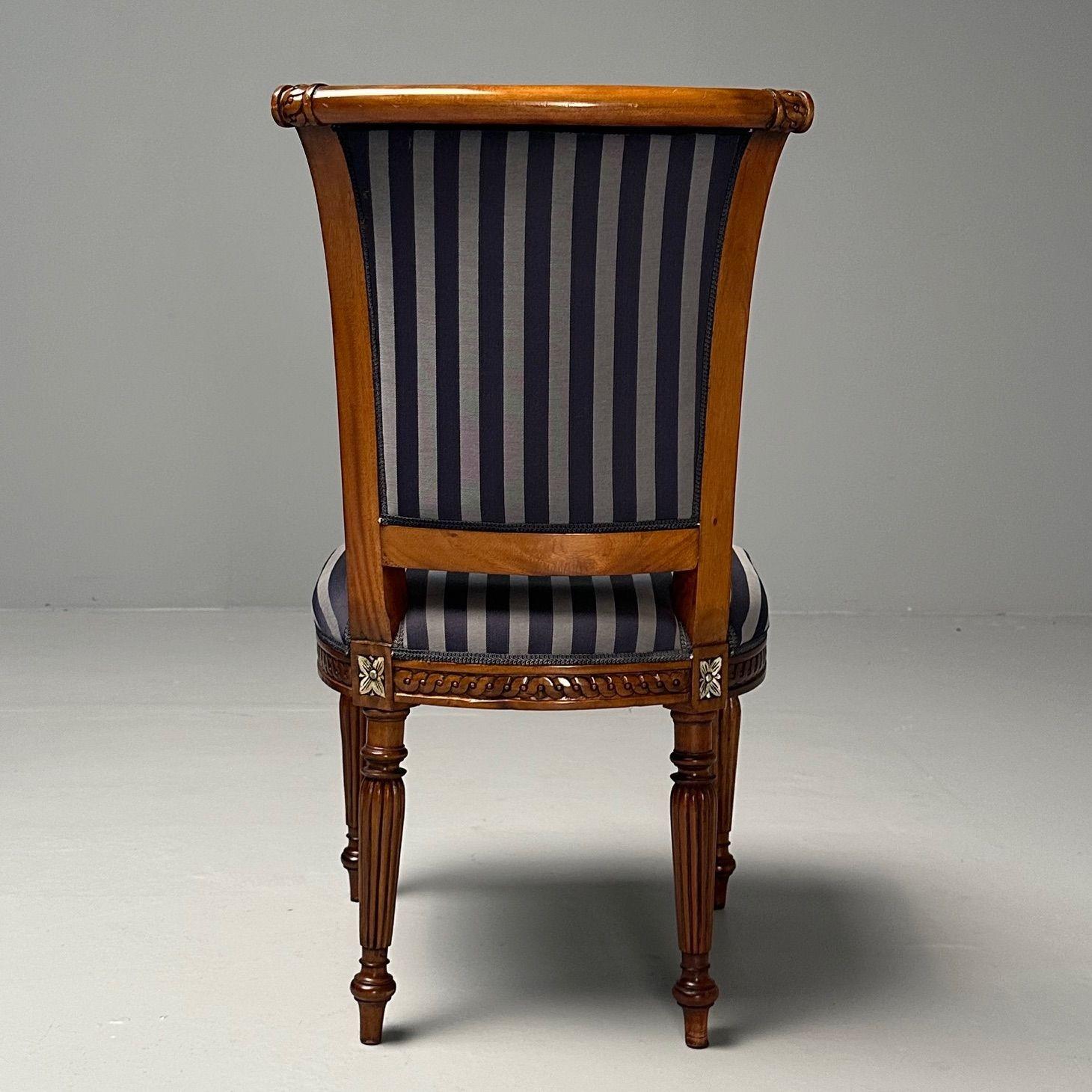 Louis XVI, Dining Chairs, Walnut, Navy Fabric, Giltwood, United States, 2000s 7