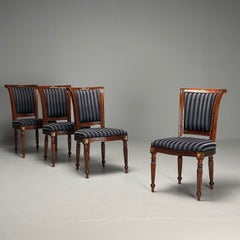 Louis XVI, Dining Chairs, Walnut, Navy Fabric, Giltwood, United States, 2000s