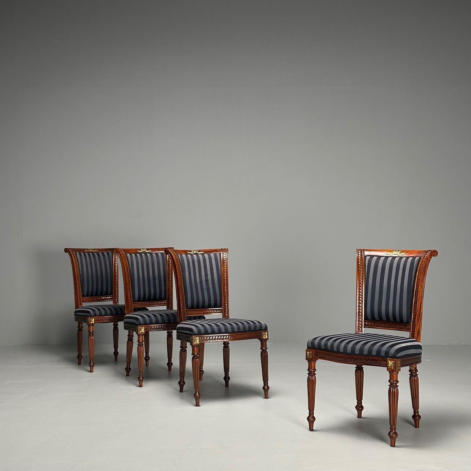 American Louis XVI, Dining Chairs, Walnut, Navy Fabric, Giltwood, United States, 2000s