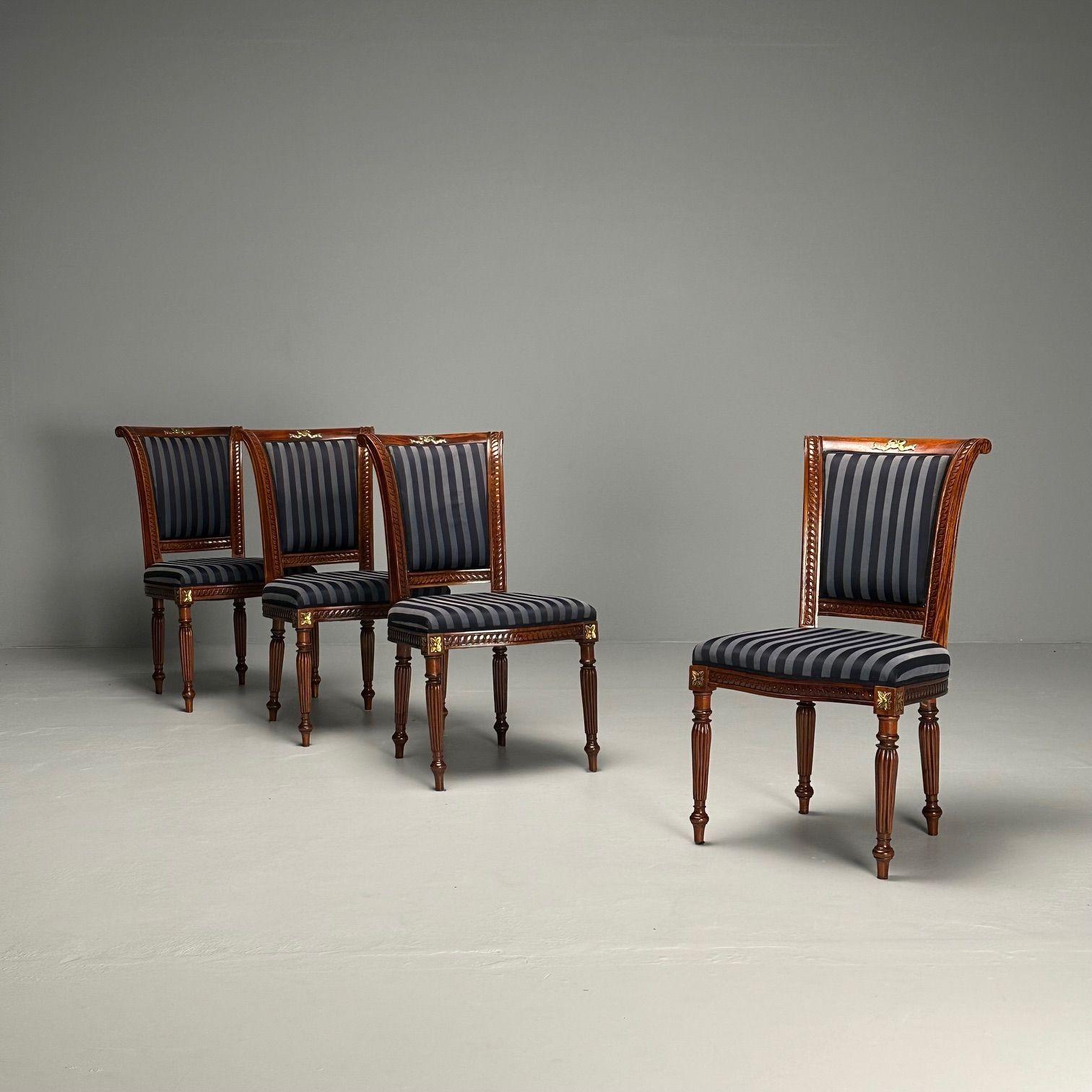 Louis XVI, Dining Chairs, Walnut, Navy Fabric, Giltwood, United States, 2000s In Good Condition In Stamford, CT
