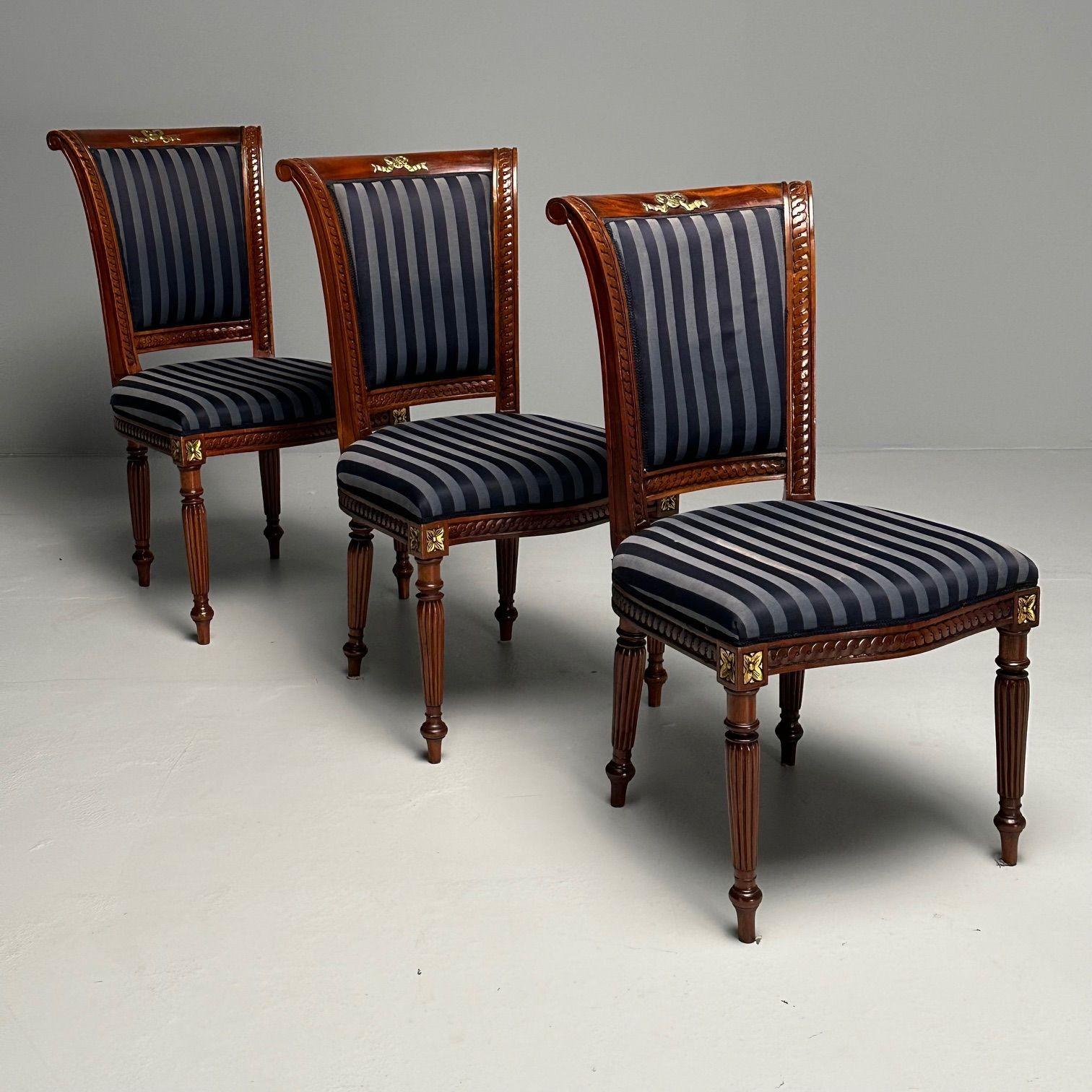 Contemporary Louis XVI, Dining Chairs, Walnut, Navy Fabric, Giltwood, United States, 2000s