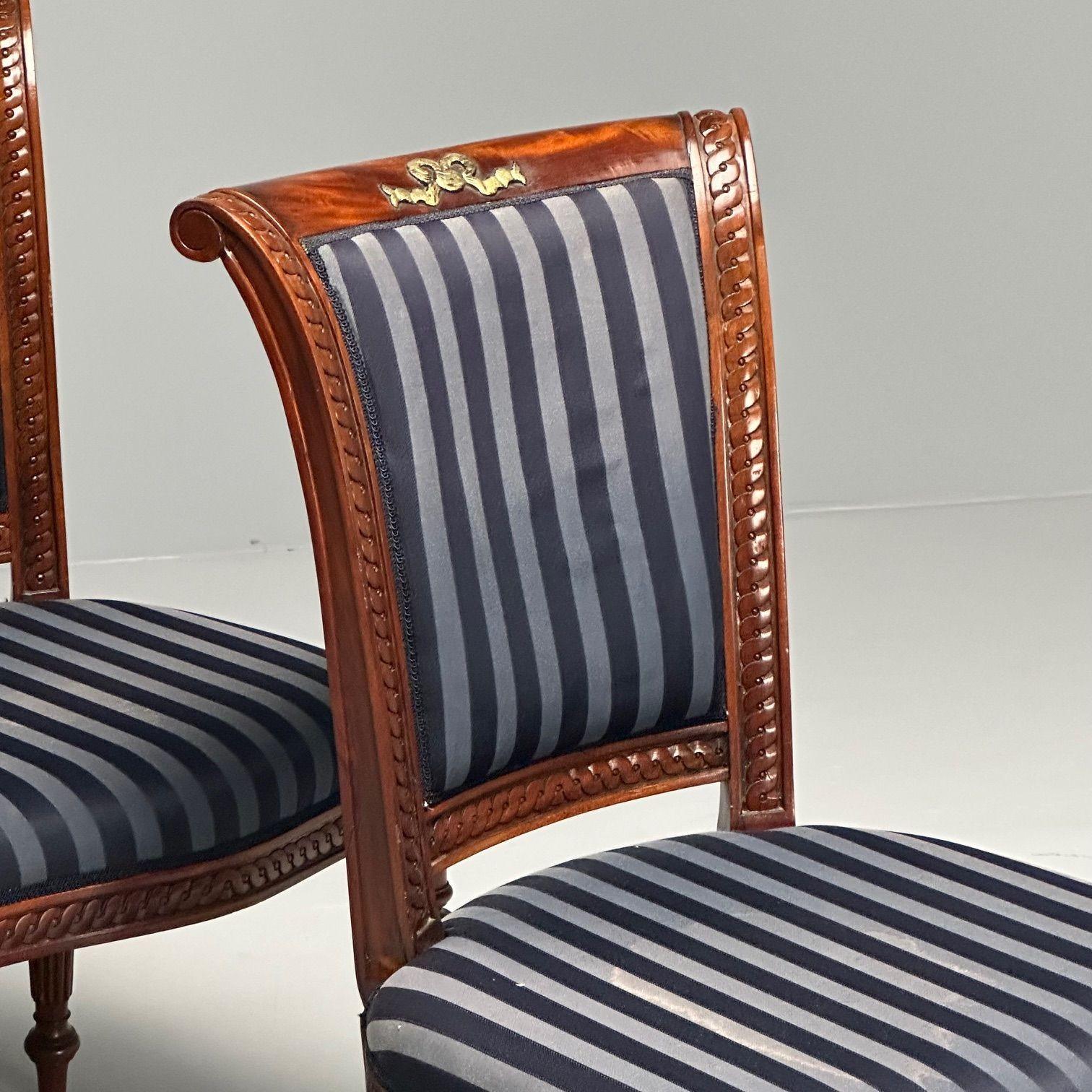 Louis XVI, Dining Chairs, Walnut, Navy Fabric, Giltwood, United States, 2000s 1