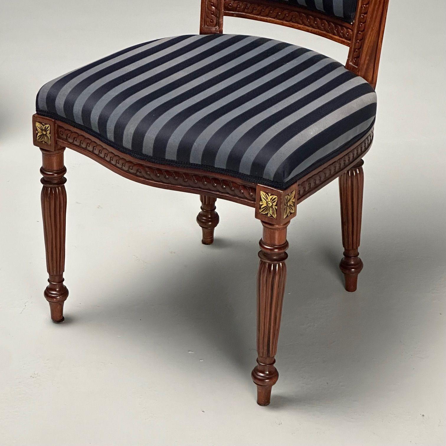 Louis XVI, Dining Chairs, Walnut, Navy Fabric, Giltwood, United States, 2000s 3